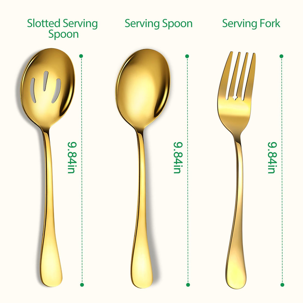 6 Piece Stainless Steel Serving Spoons Set, 10-Inch, Includes 2 Spoon/Slotted/Forks for Parties/Kitchen/Buffet/Catering, Dishwasher Safee