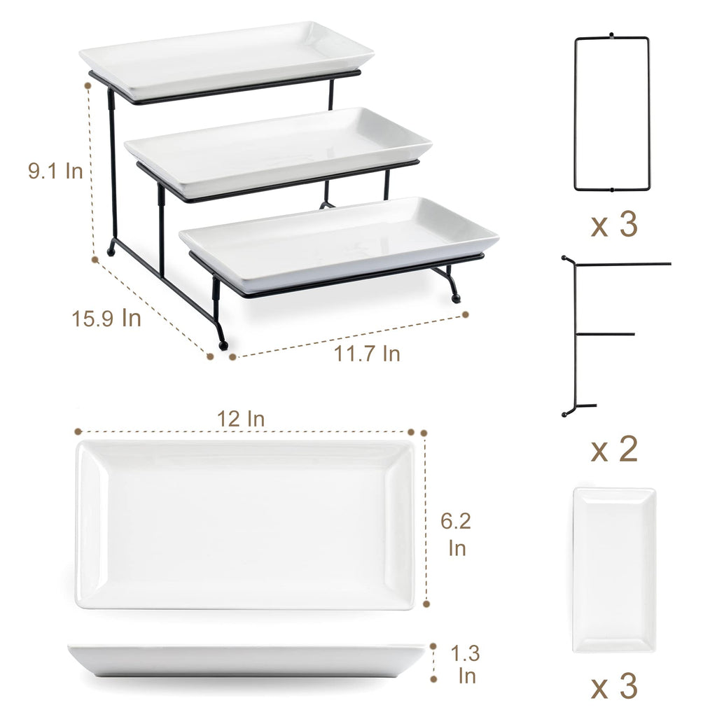 LYEOBOH 3 Tier Serving Bowls Set with Collapsible Thicker Metal Stand, Oval Serving Dishes for Entertaining Tiered Serving Stand for Fruit, Dessert, Candy, Chip and Dip (Black)