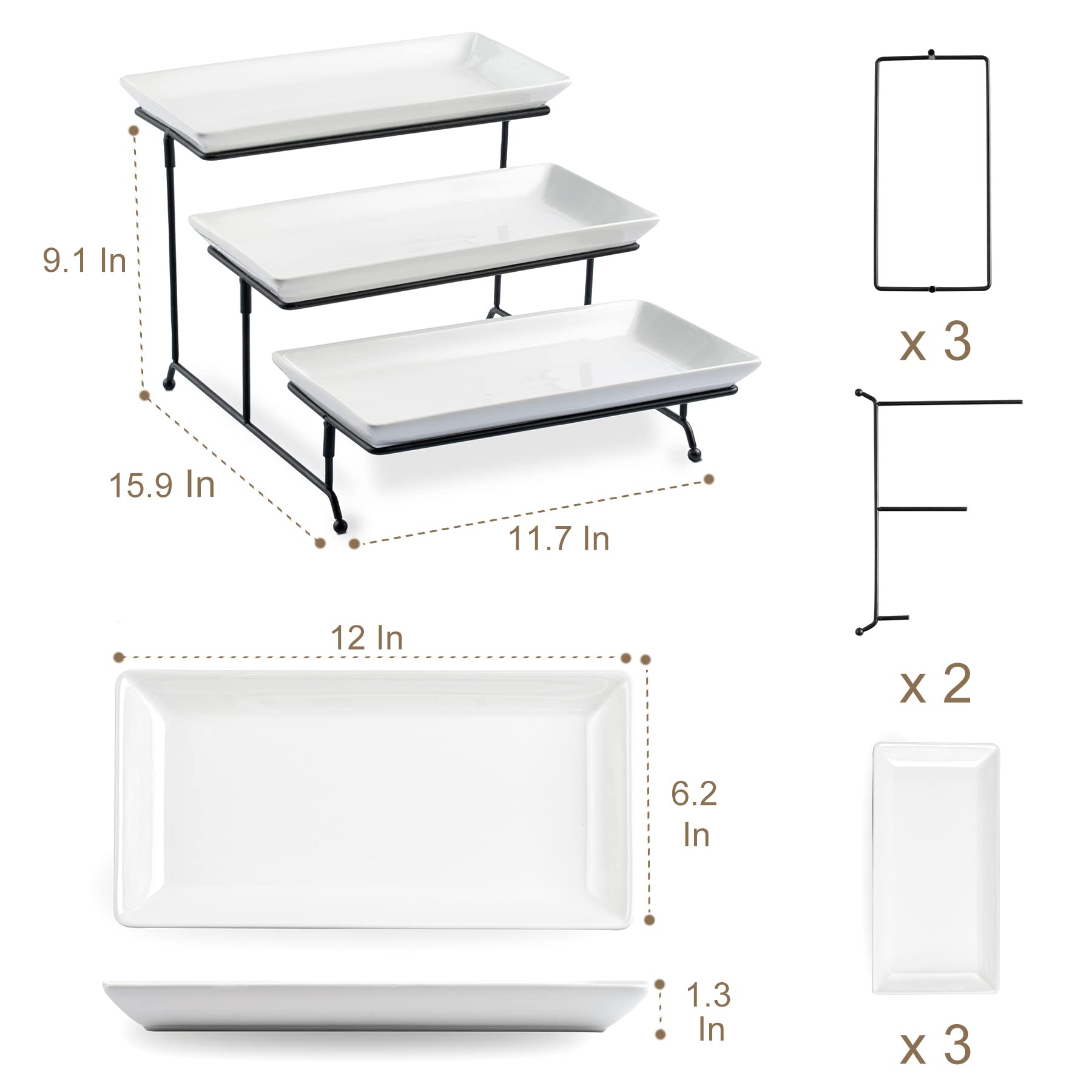 LYEOBOH 3 Tier Serving Bowls Set with Collapsible Thicker Metal Stand, Oval Serving Dishes for Entertaining Tiered Serving Stand for Fruit, Dessert, Candy, Chip and Dip (Black)