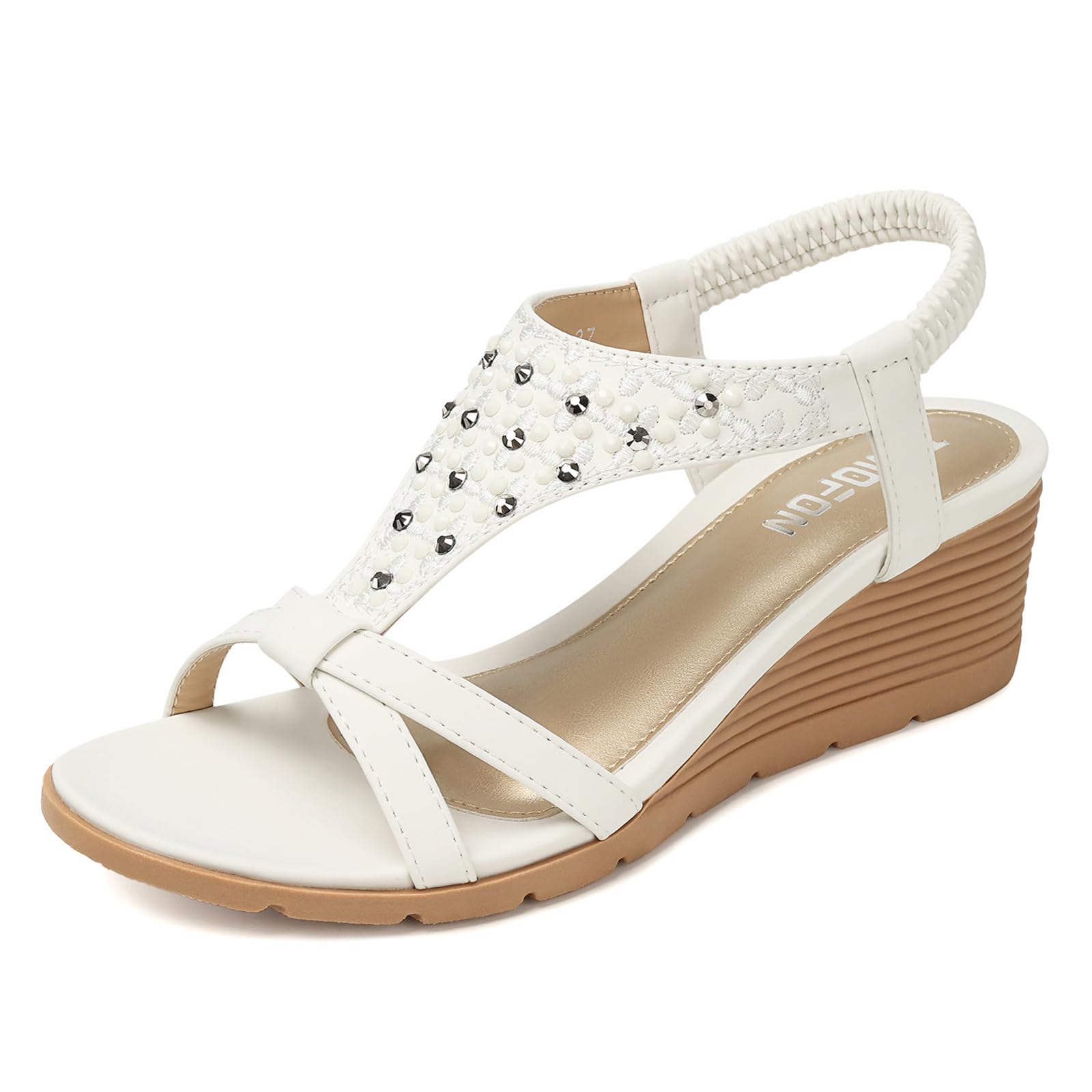 TEMOFON Women's Low Wedge Heels Summer Dressy Platform Sandals Elastic Ankle Strap Open Toe Flower Shoes