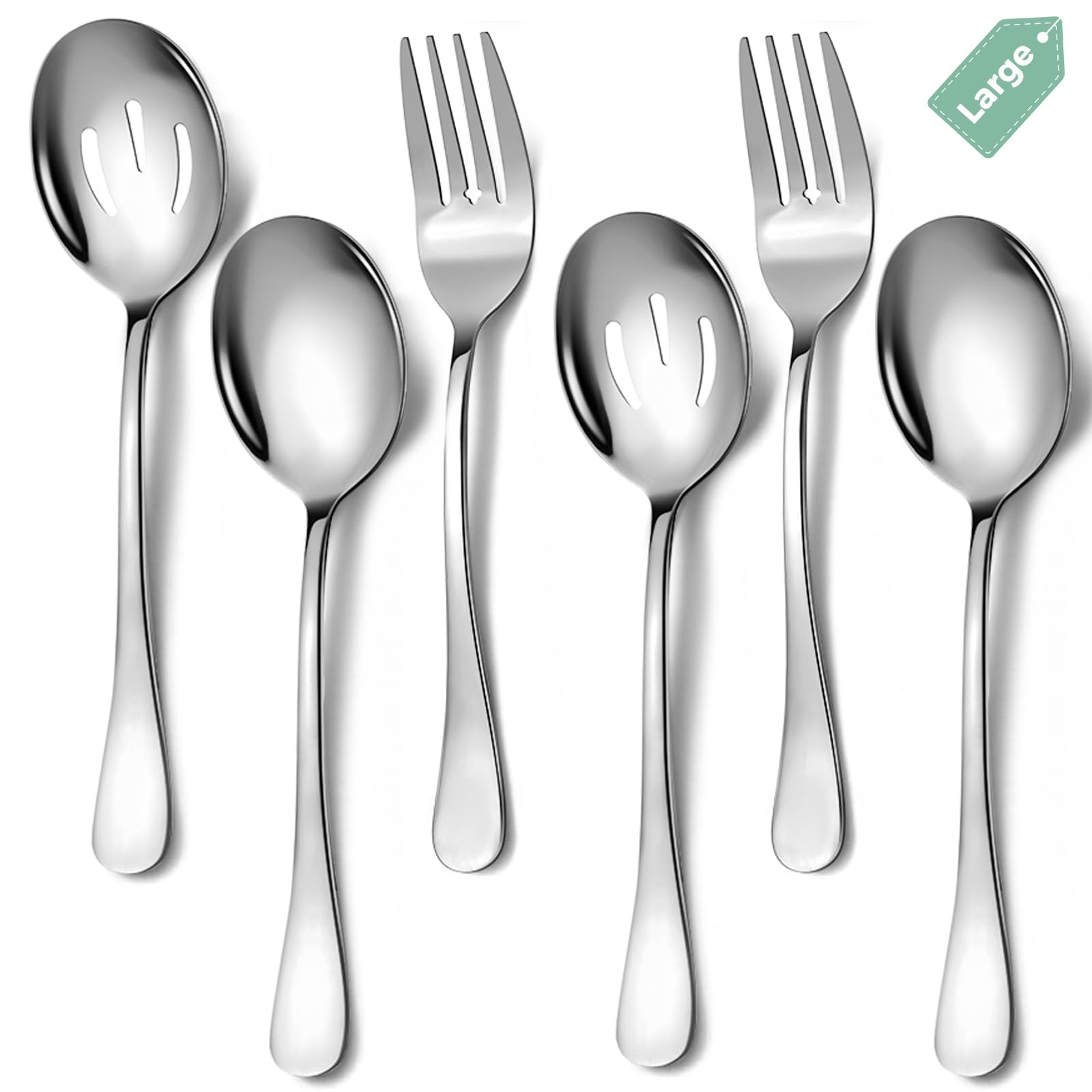 6 Piece Stainless Steel Serving Spoons Set, 10-Inch, Includes 2 Spoon/Slotted/Forks for Parties/Kitchen/Buffet/Catering, Dishwasher Safee