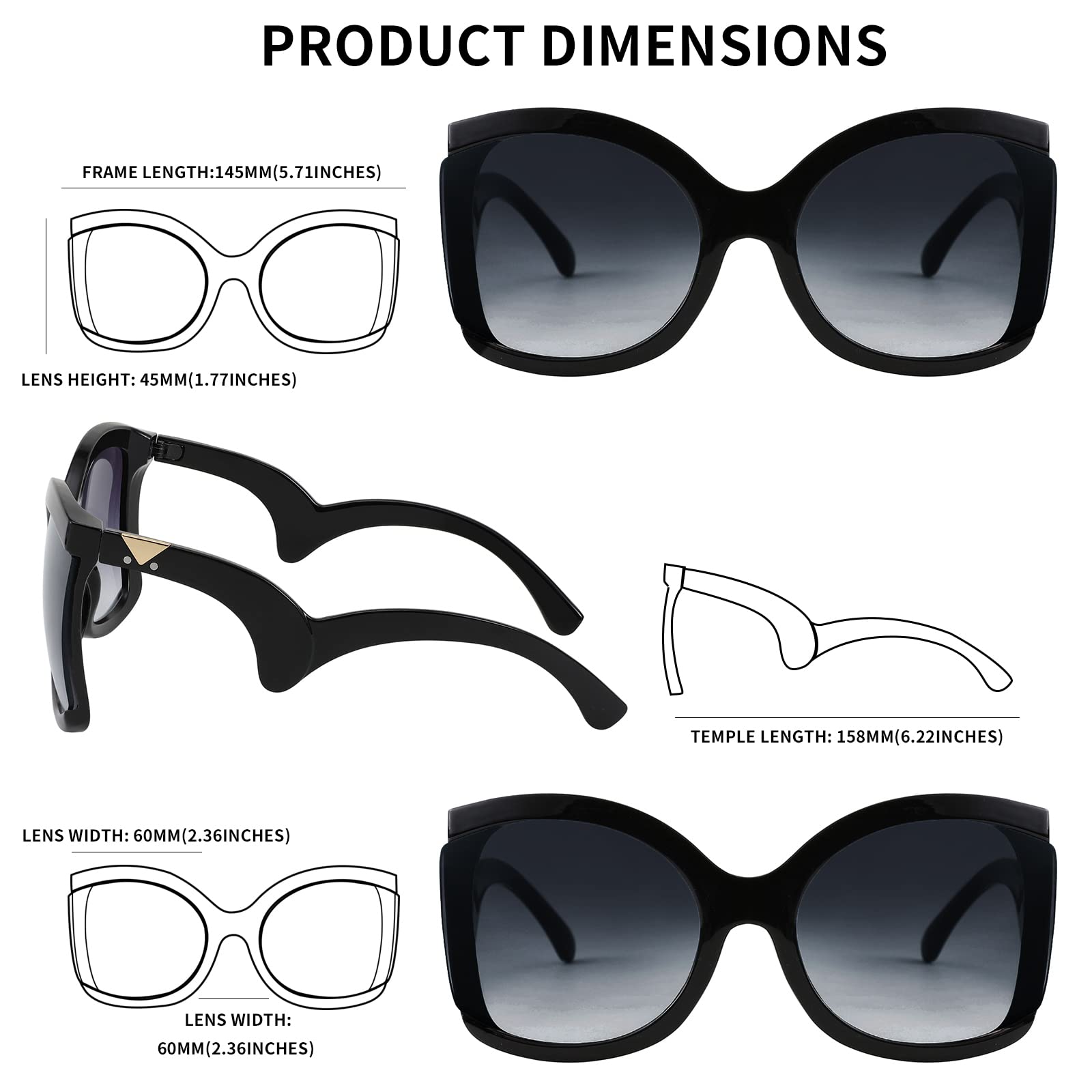 FEISEDY Oversized Square Butterfly Sunglasses Curved Curly Arm Frame Women's Fashion Shades B4035