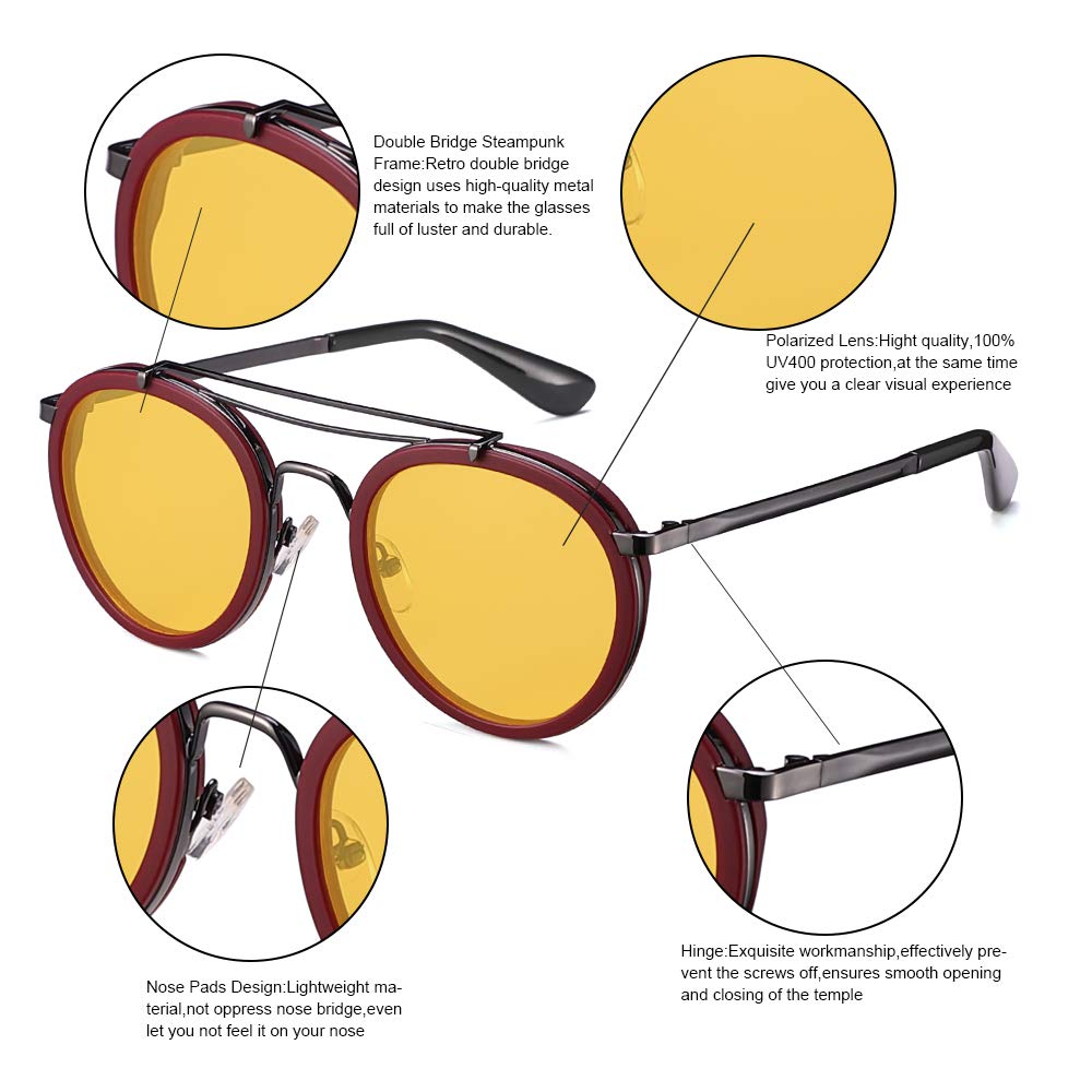 Vintage Steampunk Double Bridge Round Polarized Sunglasses Designer Metal Frame For Women Men