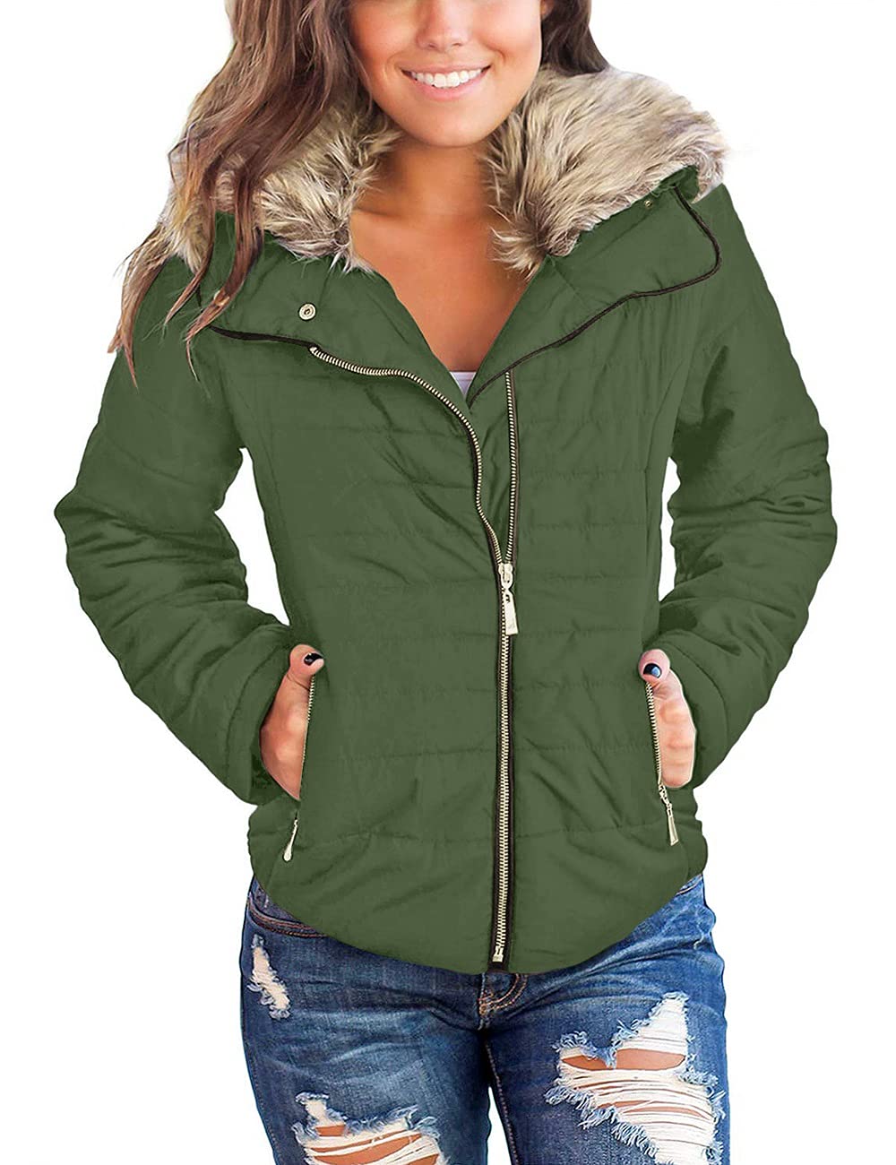 Vetinee Women Casual Faux Fur Lapel Zip Pockets Quilted Parka Jacket Puffer Coat