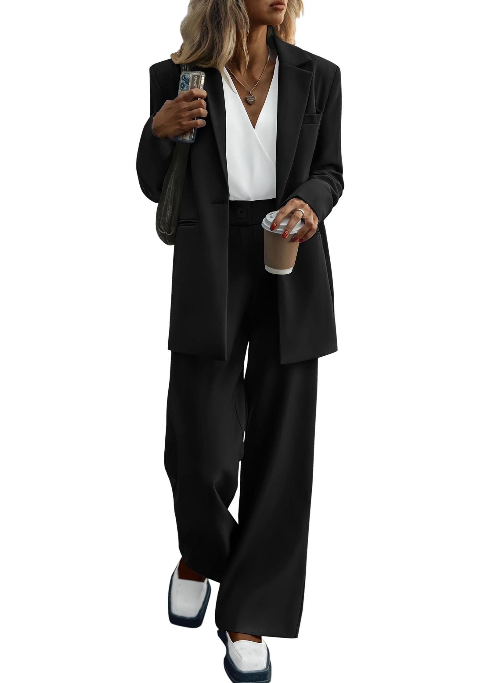 KIRUNDO Women Suits 2 Piece Set Business Casual Dressy Oversized Blazer Jacket and Wide Leg Dress Pantsuits Formal Outfits