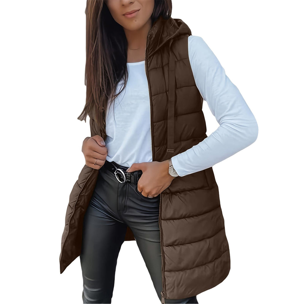 Long Puffer Vest Women Sleeveless Full Zip Up Puffy Jackets Quilted Padded Fall Coats Winter Outerwear