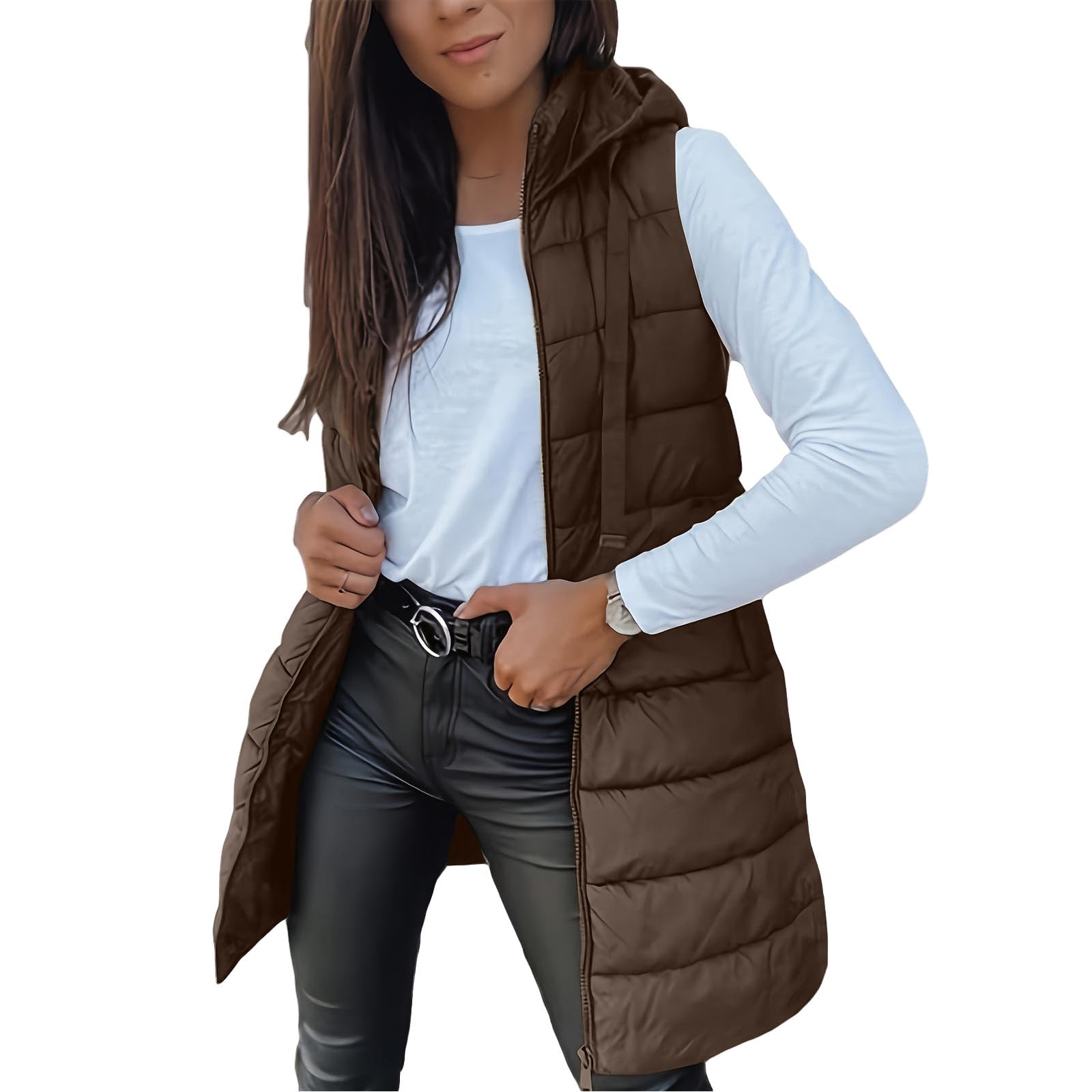 Long Puffer Vest Women Sleeveless Full Zip Up Puffy Jackets Quilted Padded Fall Coats Winter Outerwear