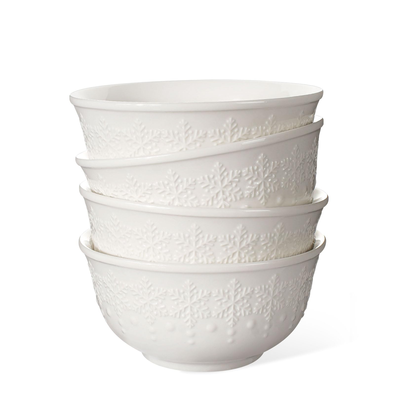 Large Salad Bowls Set of 4, 60oz White Serving Bowls Deep Deep Embossed Ceramic Mixing Bowl for Soup Kitchen, Eating, Ramen, Pasta, Dishwasher & Microwave Safe 8 inch (Multiple Patterns)