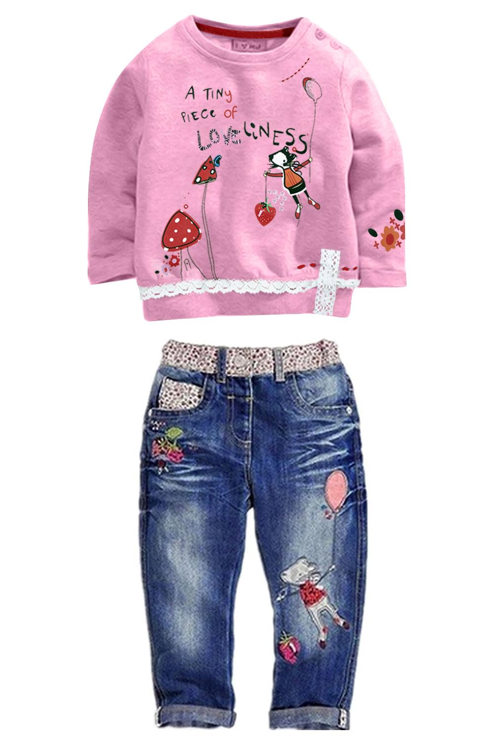 LUKYCILD Toddler Girl Clothes Baby Girl Long Sleeve Top + Jeans Pants with Pockets 2 Piece Outfit Cartoon Clothing Set