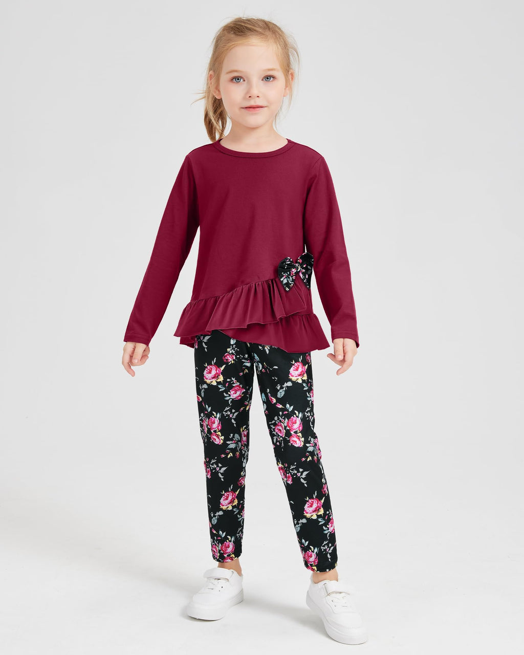 Toddler Girl Clothes 18M-8T Girls Fall Winter Outfit, Long Sleeve Ruffle Bowknot Top + Floral Pants 2Pcs Clothing Set