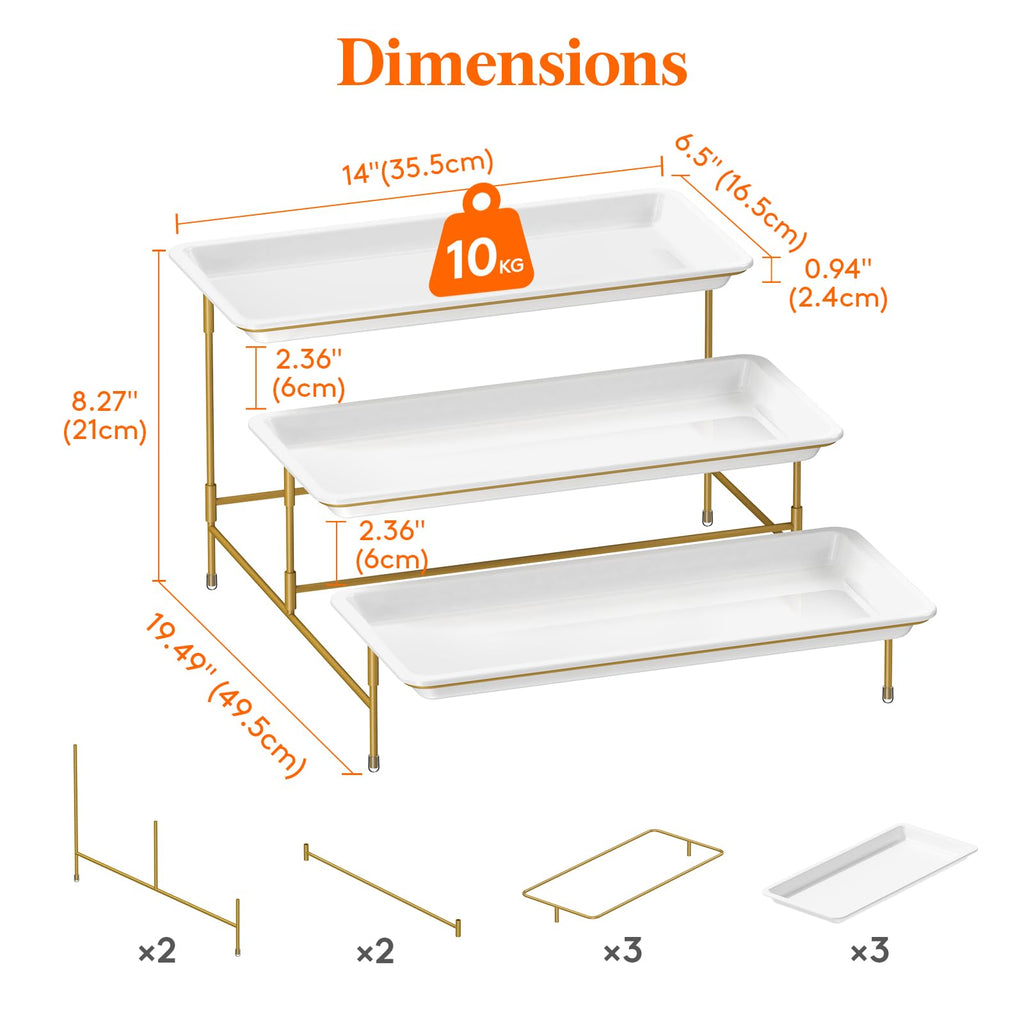 Lifewit 3 Tier Serving Tray for Party, 12" x 6.5" Plastic Tiered Food Serving Platters, White Rotatable Tiered Tray Stand with Gold Collapsible Metal Stand, Dessert Table Display Set for Buffet