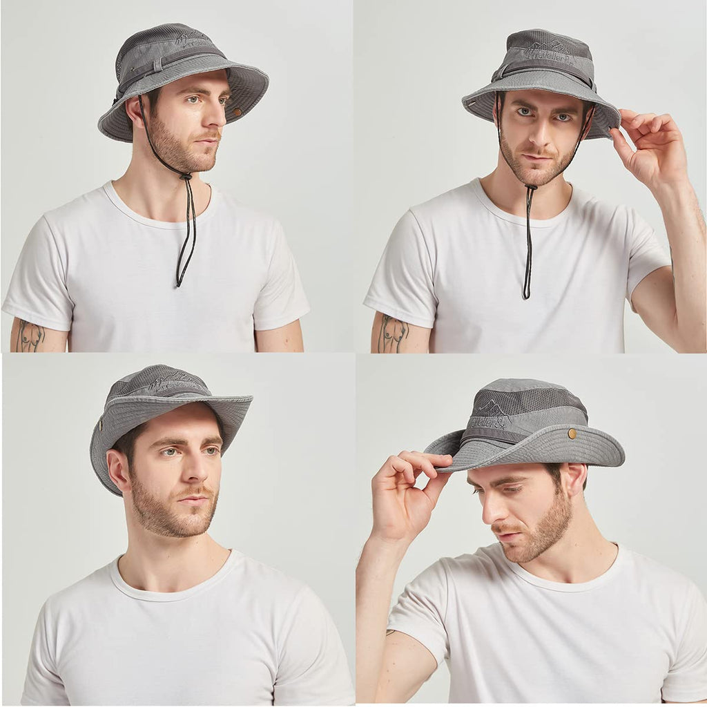 Sun Hat for Men, Cotton Embroidery Summer Outdoor Sun Protection Wide Brim Bucket Hat Foldable Safari Boonie Hat