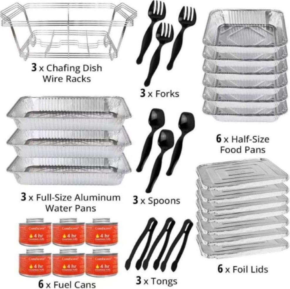 Disposable Chafing Dish Buffet Set, 33 Piece of Chafing Servers with Food Warmers, Covers, Half-Size Food Pans, Water Trays, Serving Utensils, Foil Lids and 4Hr Fuel Cans for Parties, Catering