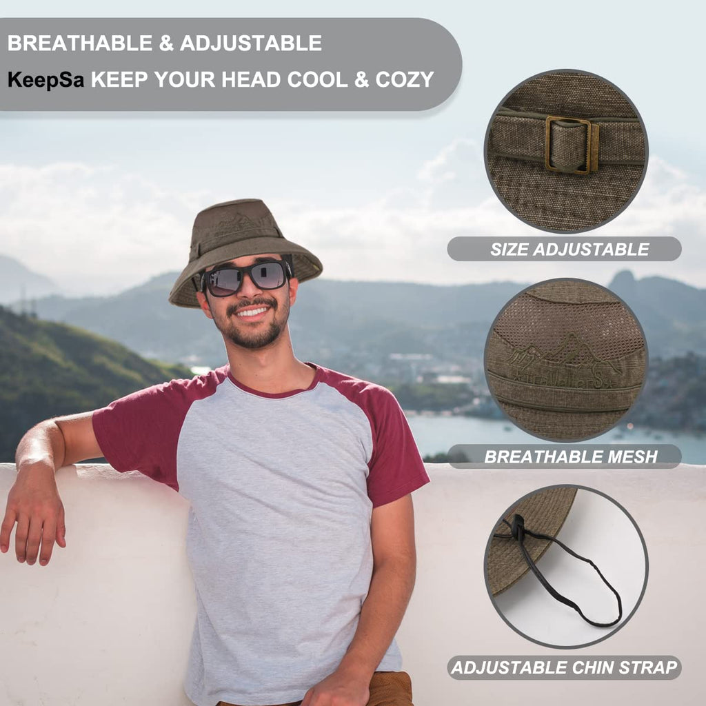 Sun Hat for Men, Cotton Embroidery Summer Outdoor Sun Protection Wide Brim Bucket Hat Foldable Safari Boonie Hat