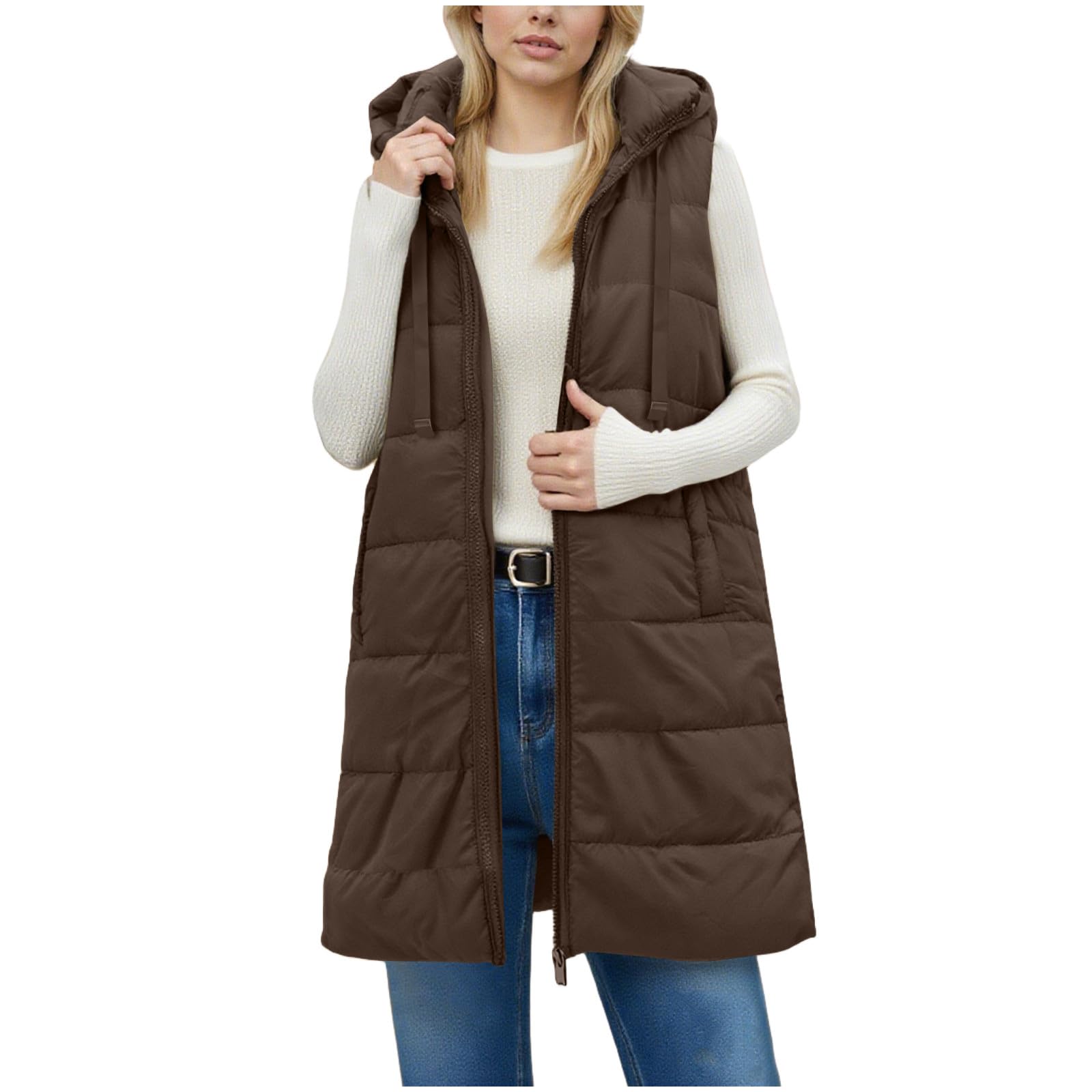 Long Puffer Vest Women Sleeveless Full Zip Up Puffy Jackets Quilted Padded Fall Coats Winter Outerwear