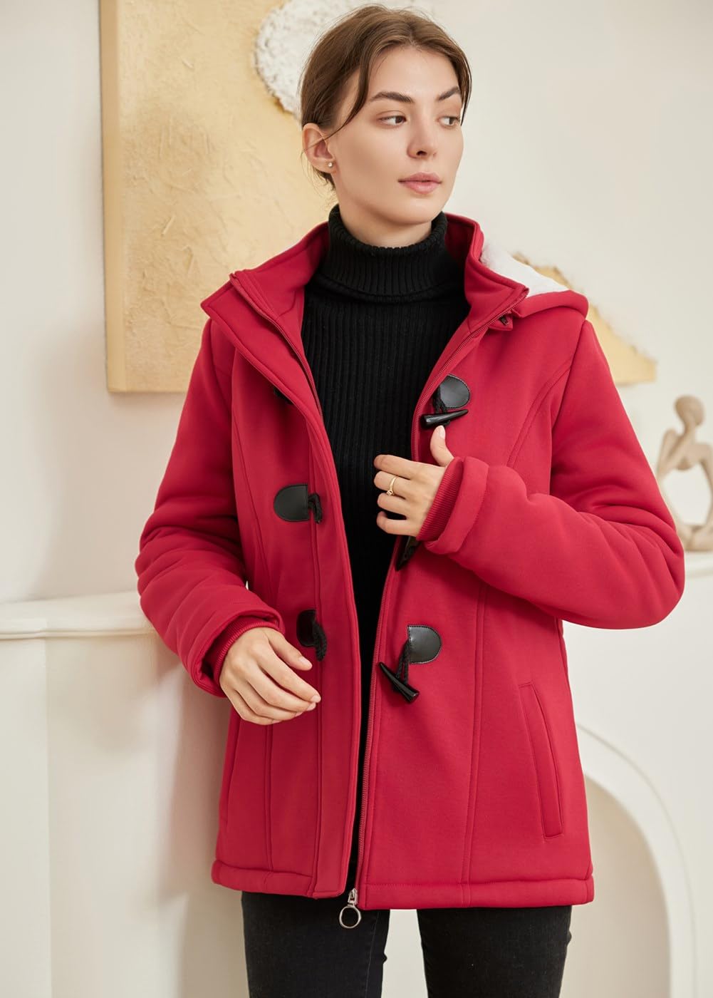 JiangWu Womens Fashion Horn Button Fleece Thicken Coat with Hood Winter Warm Jacket