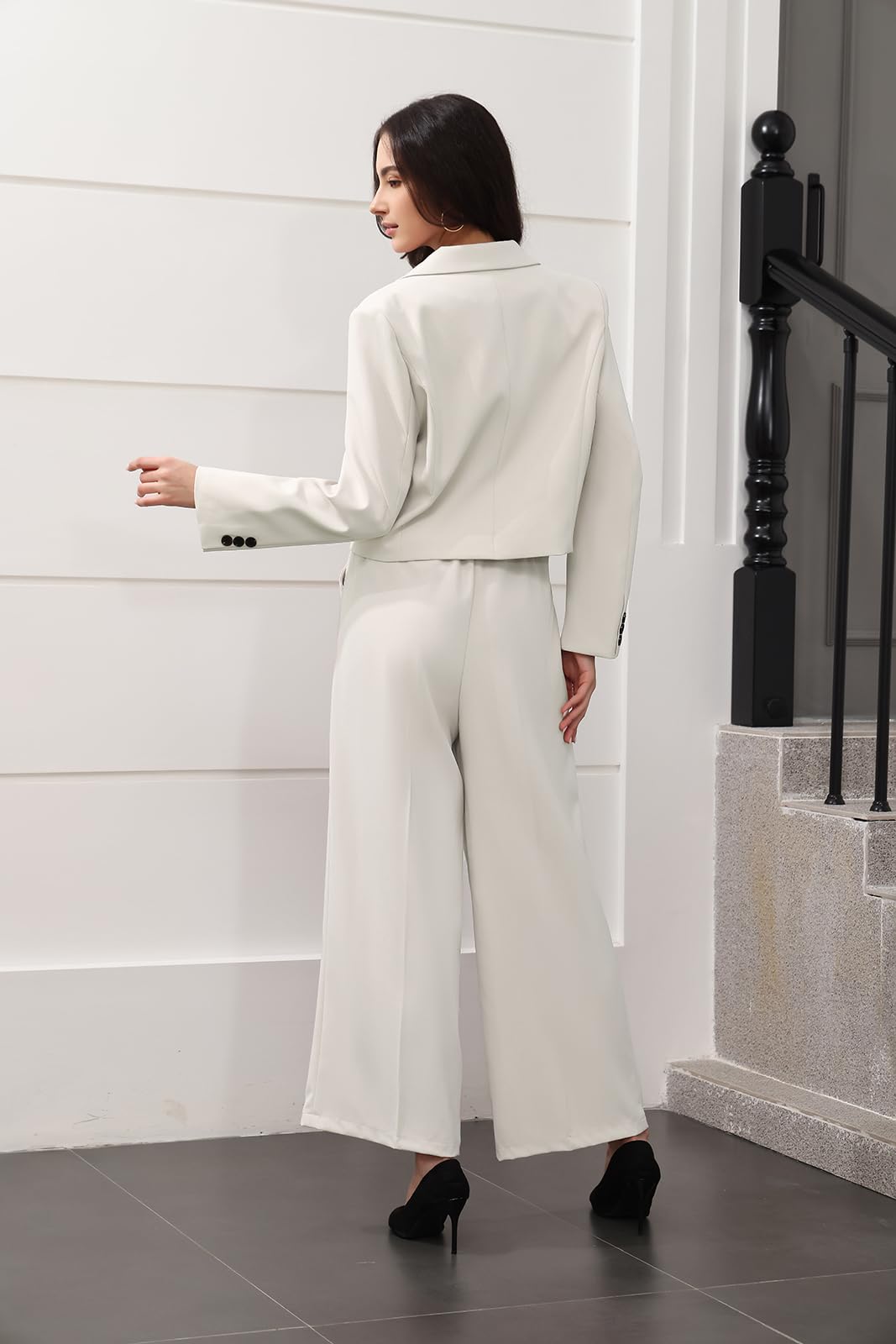 Lamgool Women's Suit 2 Piece Casual Outfits Cropped Blazer High Waisted Wide Leg Pants for Work