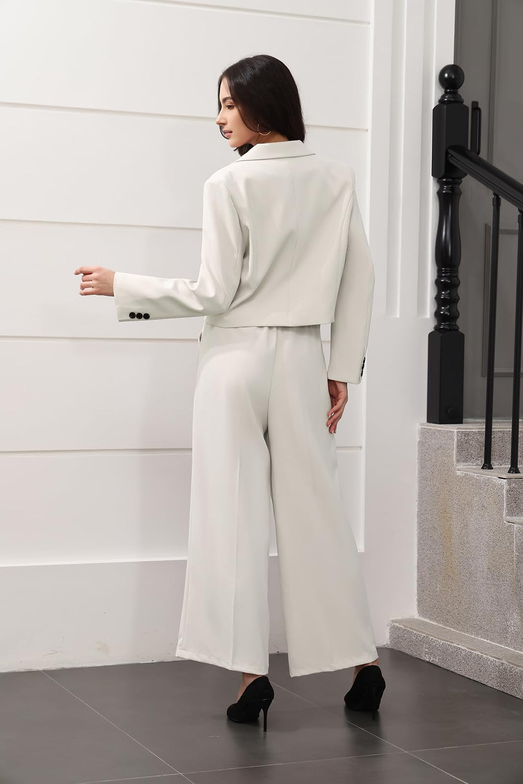 Lamgool Women's Suit 2 Piece Casual Outfits Cropped Blazer High Waisted Wide Leg Pants for Work