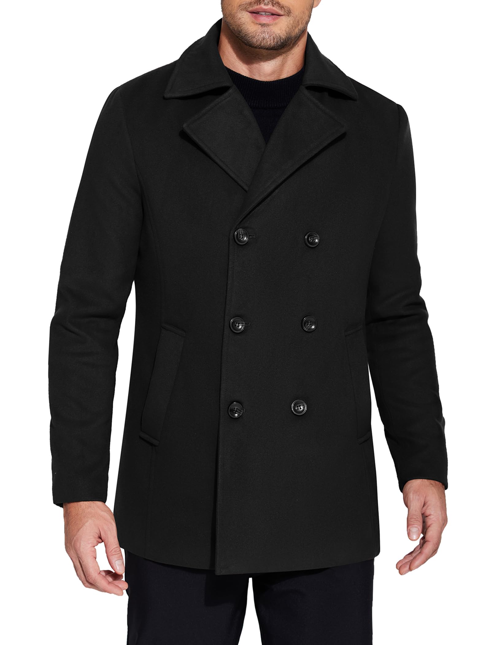 COOFANDY Men's Double Breasted Pea Coat Winter Overcoat Short Trench Coat Notched Collar