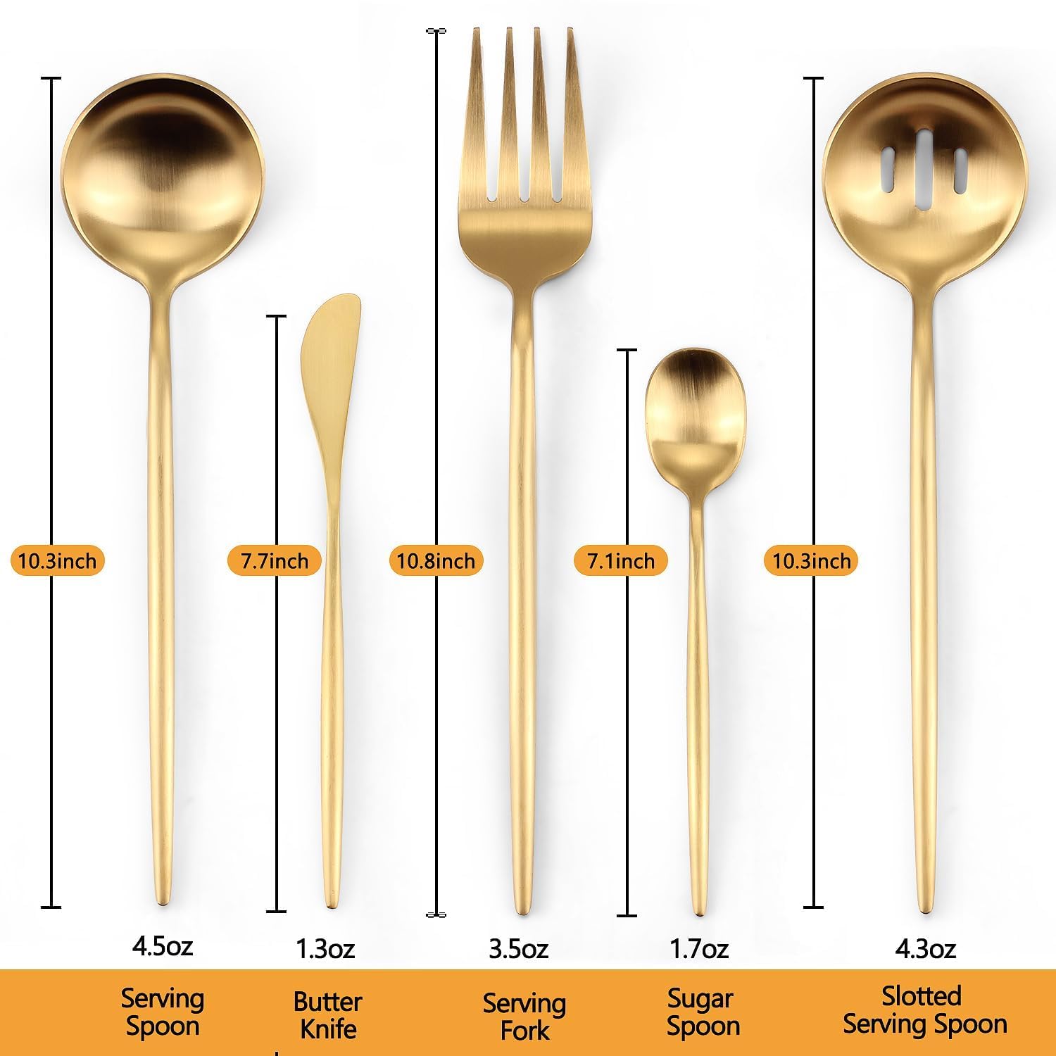 Gold Stainless Steel Serving Utensils Set, 5 Pcs - 10.8 Inch Serving Fork, 10.3 Inch Slotted Spoon, Sugar Spoon, Butter Knife for Buffet