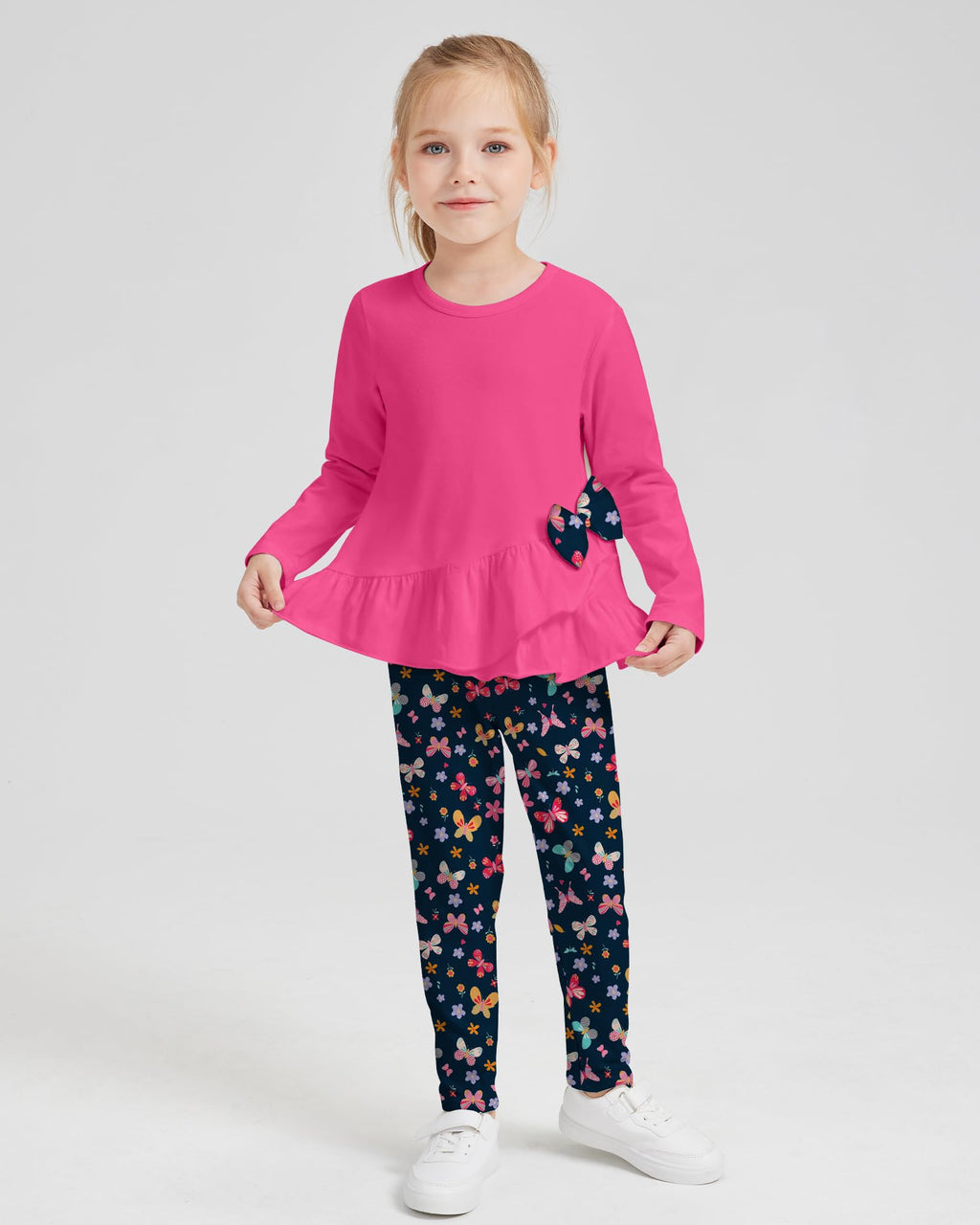 Toddler Girl Clothes 18M-8T Girls Fall Winter Outfit, Long Sleeve Ruffle Bowknot Top + Floral Pants 2Pcs Clothing Set