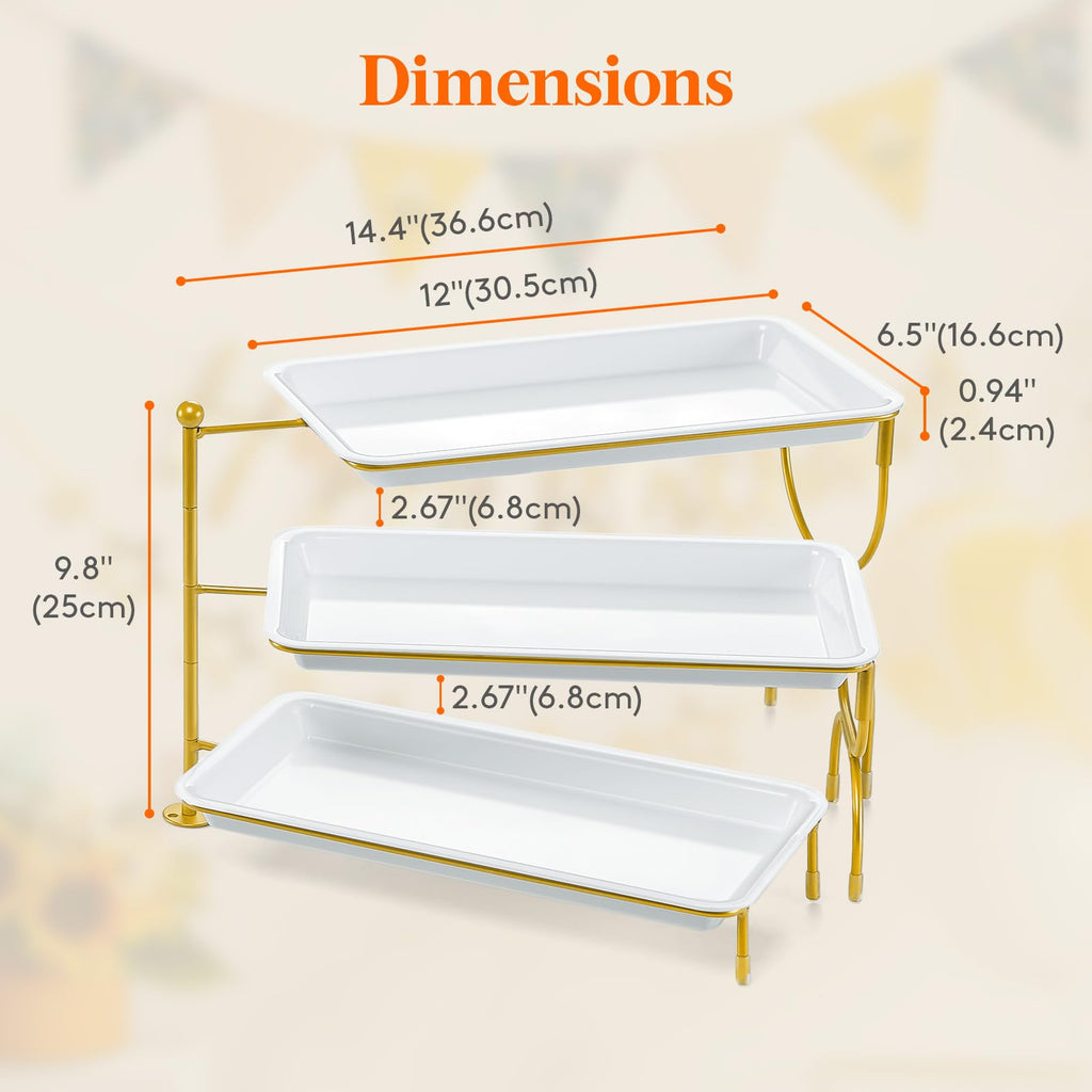 Lifewit 3 Tier Serving Tray for Party, 12" x 6.5" Plastic Tiered Food Serving Platters, White Rotatable Tiered Tray Stand with Gold Collapsible Metal Stand, Dessert Table Display Set for Buffet
