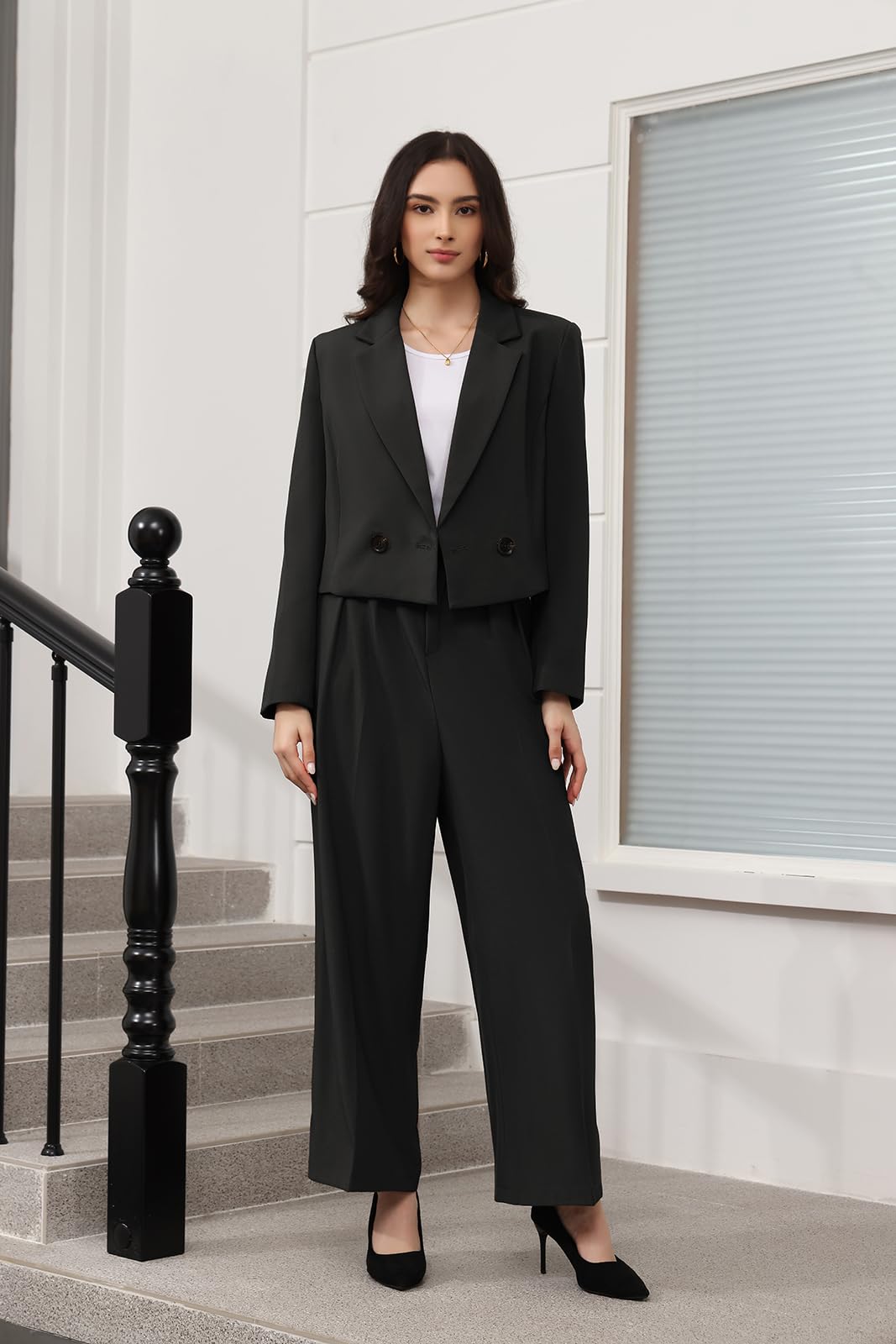 Lamgool Women's Suit 2 Piece Casual Outfits Cropped Blazer High Waisted Wide Leg Pants for Work