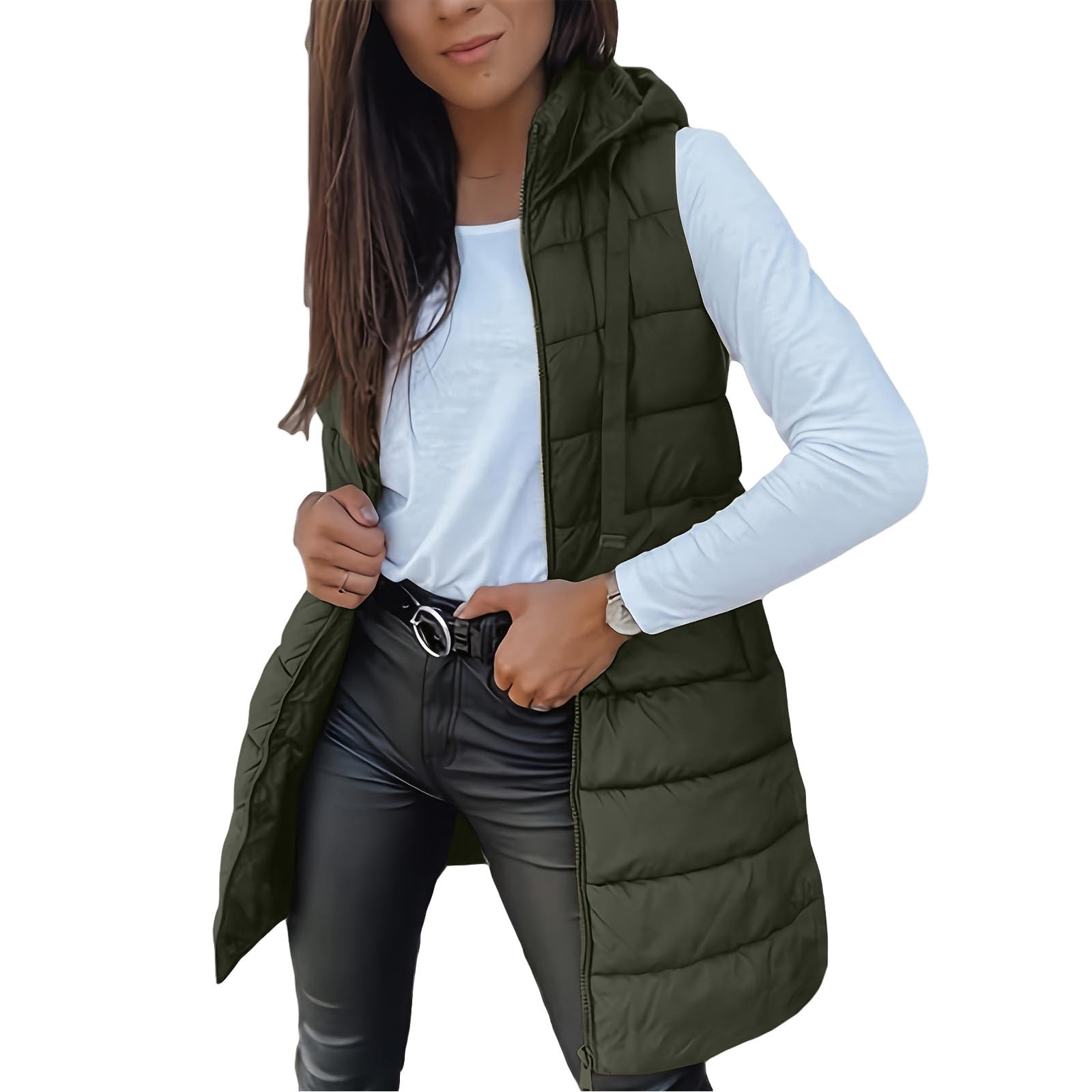 Long Puffer Vest Women Sleeveless Full Zip Up Puffy Jackets Quilted Padded Fall Coats Winter Outerwear