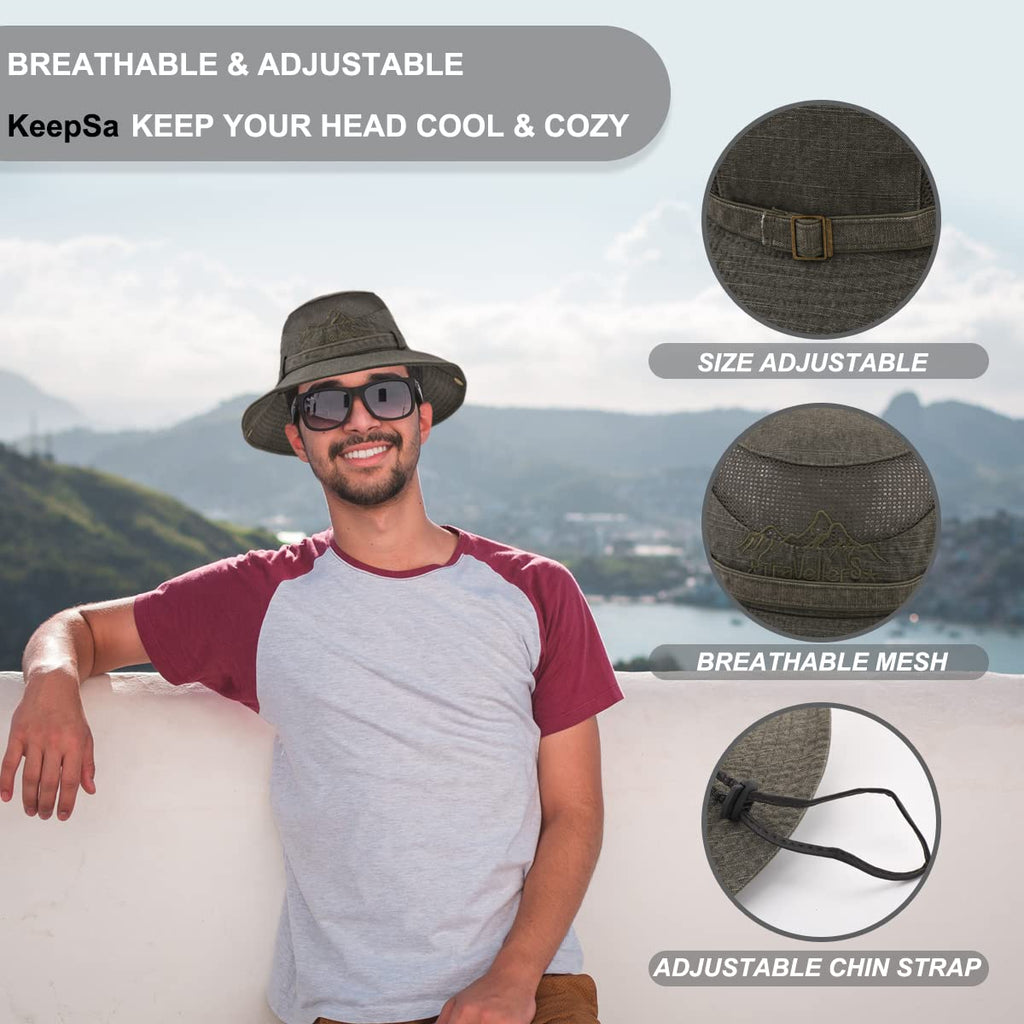 Sun Hat for Men, Cotton Embroidery Summer Outdoor Sun Protection Wide Brim Bucket Hat Foldable Safari Boonie Hat