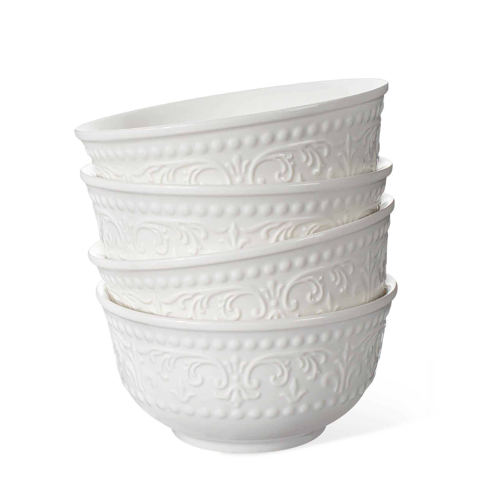 Large Salad Bowls Set of 4, 60oz White Serving Bowls Deep Deep Embossed Ceramic Mixing Bowl for Soup Kitchen, Eating, Ramen, Pasta, Dishwasher & Microwave Safe 8 inch (Multiple Patterns)