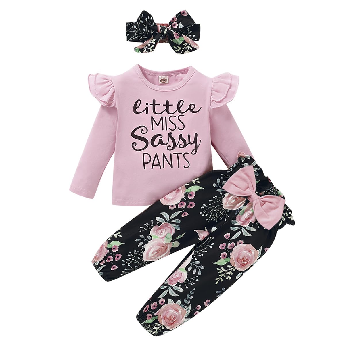 YALLET 3Pcs Toddler Girl Clothes Solid Color Long Sleeves Ruffle Top+Floral Pants+Headband 1-6 Years Fall/Winter Outfits Set