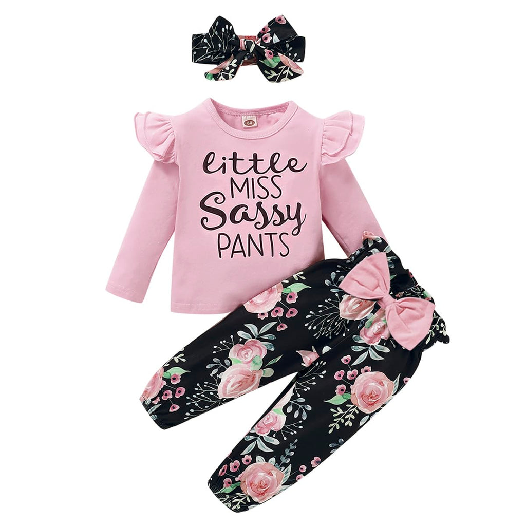YALLET 3Pcs Toddler Girl Clothes Solid Color Long Sleeves Ruffle Top+Floral Pants+Headband 1-6 Years Fall/Winter Outfits Set