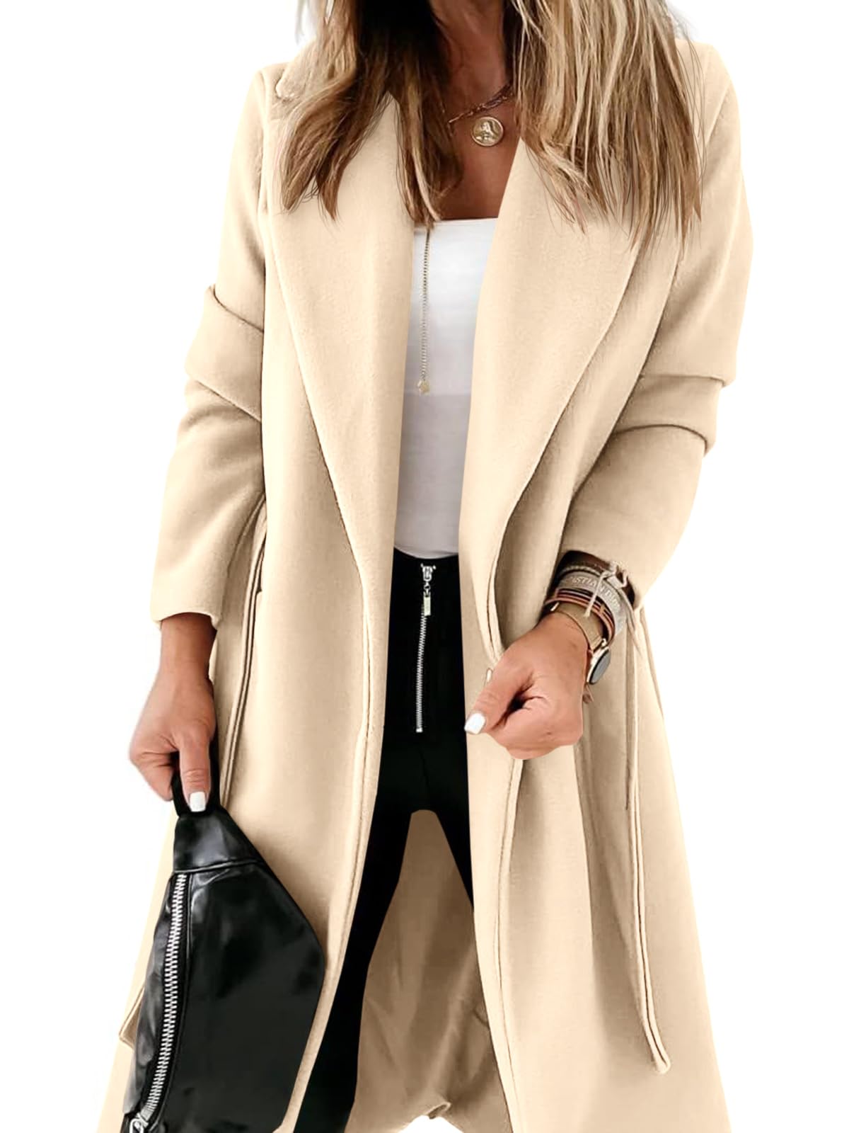 Womens Classic Coat Lapel Collar Open Front Belted Long Jacket