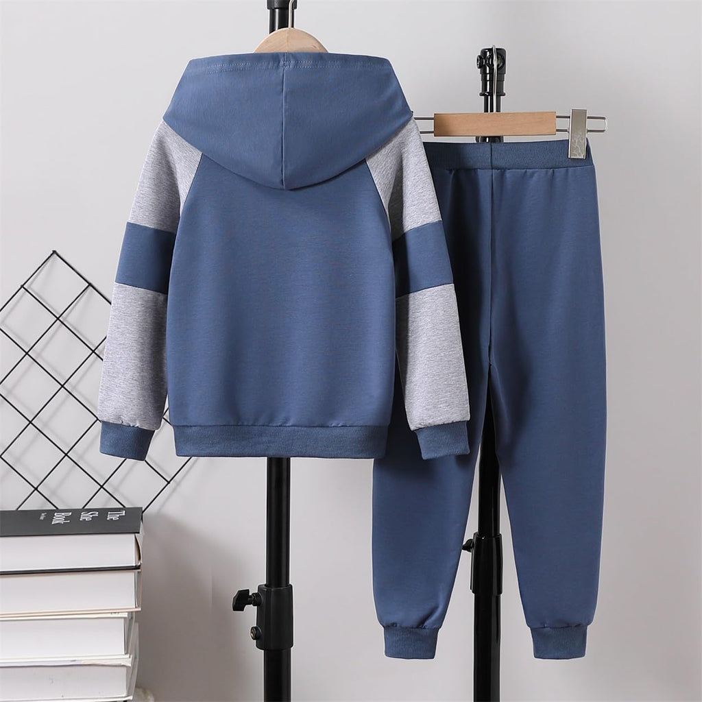 5-11Y Boys Clothes Long Sleeve Hooded Pullover Colorblock Sweatshirt + Pants 2pcs Fall Winter Outfit Set