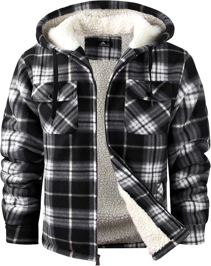 SCODI Men's Flannel Shirt Jacket Fleece Sherpa Lined Plaid Jackets Coat Full Zip Up Hoodie Winter Outwear