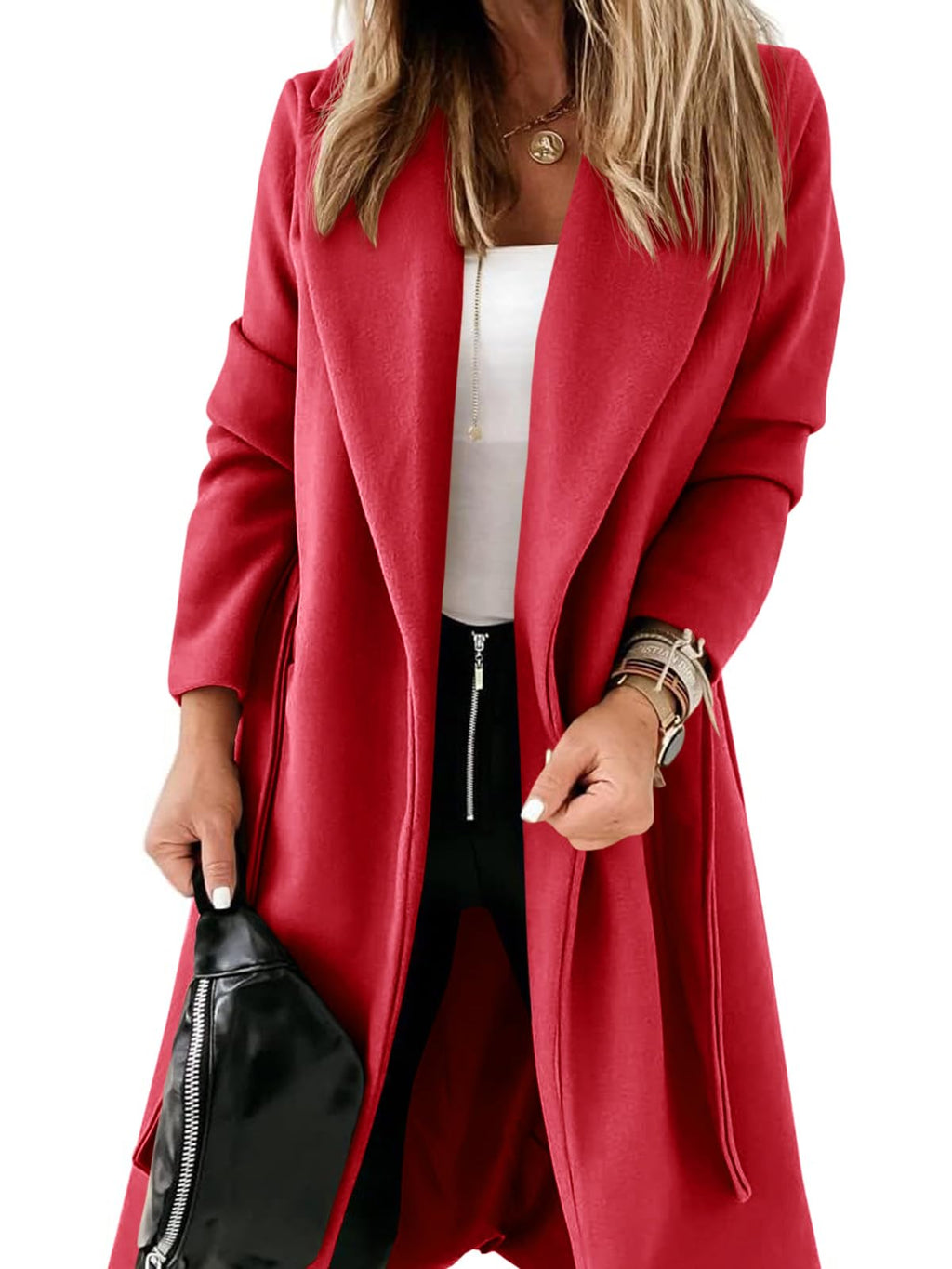 Womens Classic Coat Lapel Collar Open Front Belted Long Jacket