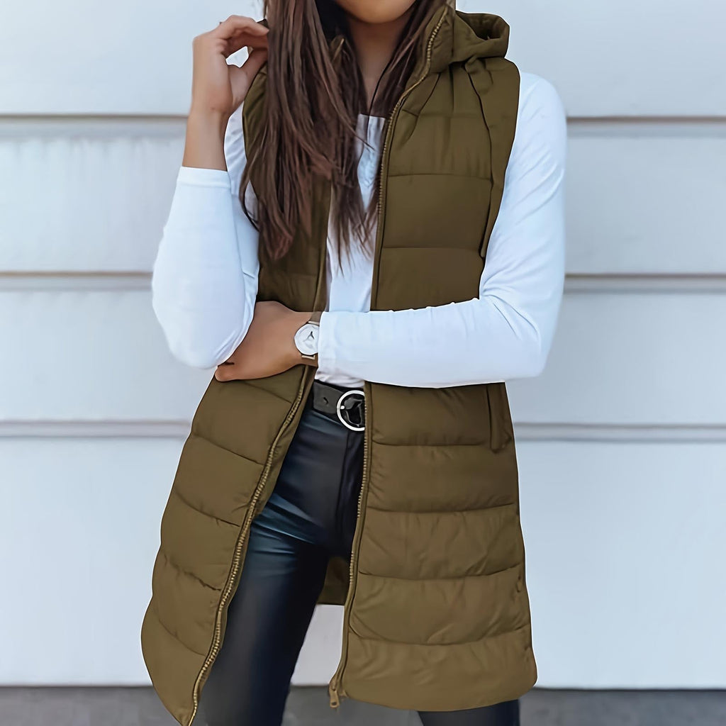Long Puffer Vest Women Sleeveless Full Zip Up Puffy Jackets Quilted Padded Fall Coats Winter Outerwear