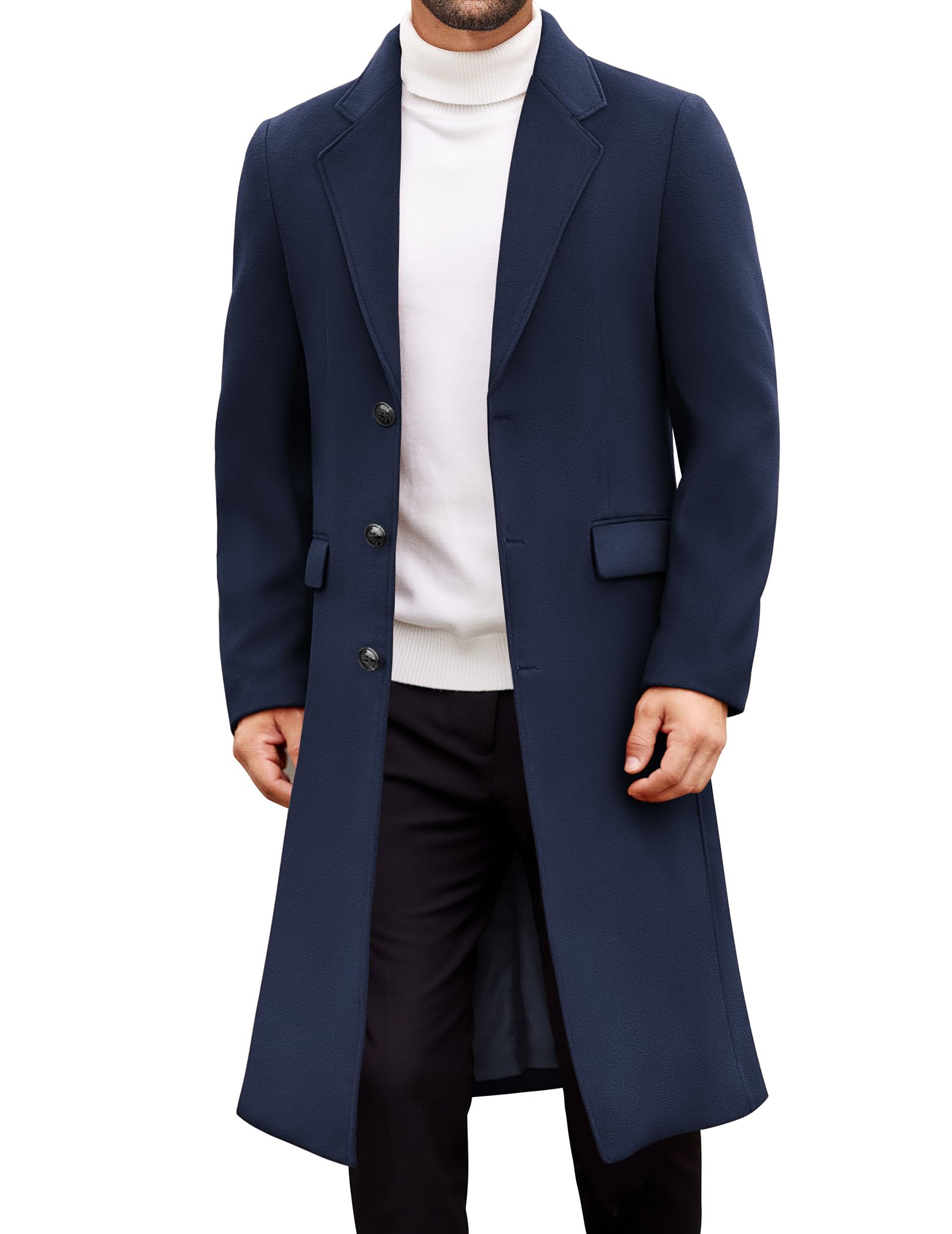 COOFANDY Mens Trench Coat Long Casual Single Brested Overcoat Winter Notched Collar Wool Blend Pea coat With Pockets