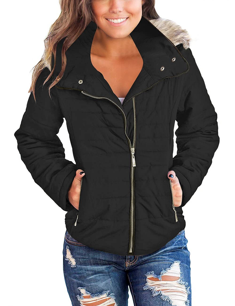 Vetinee Women Casual Faux Fur Lapel Zip Pockets Quilted Parka Jacket Puffer Coat