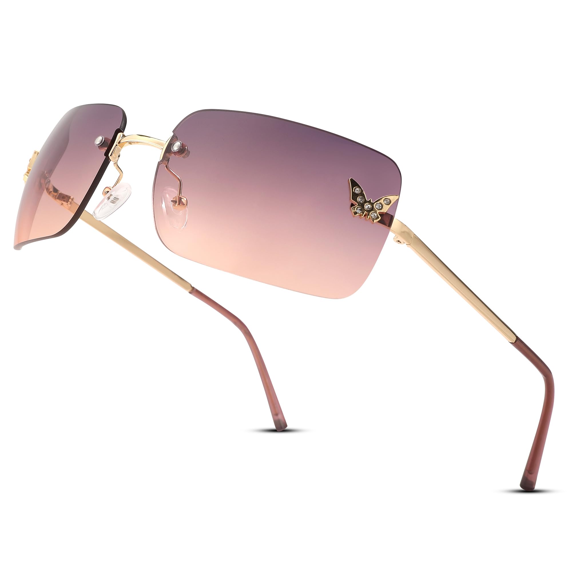 Rectangle Rimless Sunglasses for Women Retro Trendy Square Sun Glasses Vintage Shades