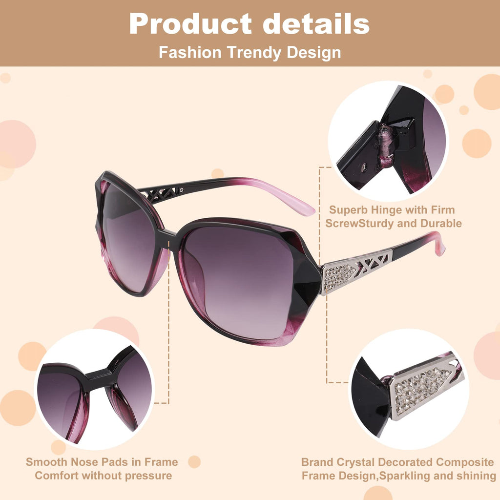 DragonflyDreams 4 Pcs Women Large Sunglasses, UV 400 Glasses Oversized Classic Trend Ladies Sunglasses Sparkling Large Frame