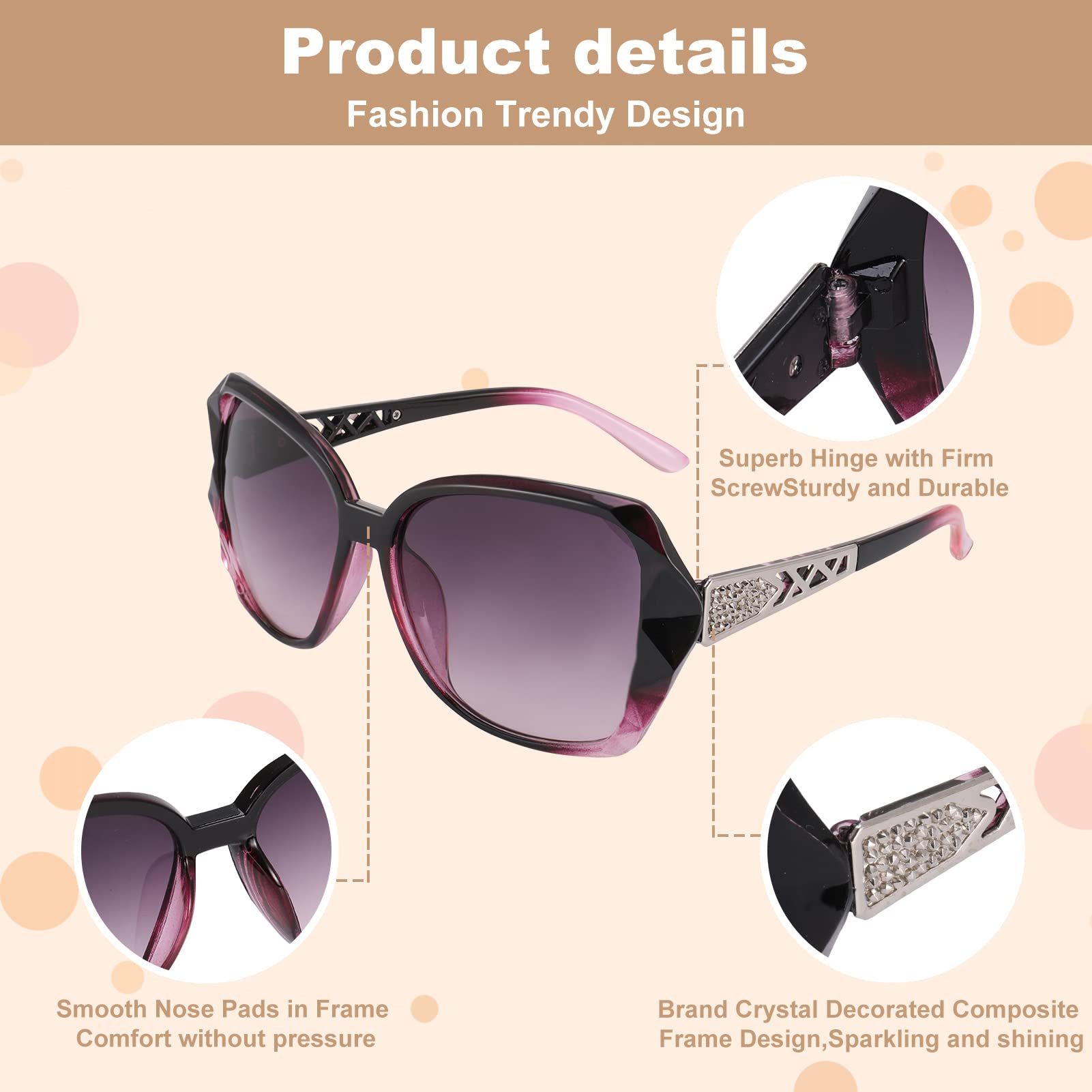 DragonflyDreams 4 Pcs Women Large Sunglasses, UV 400 Glasses Oversized Classic Trend Ladies Sunglasses Sparkling Large Frame