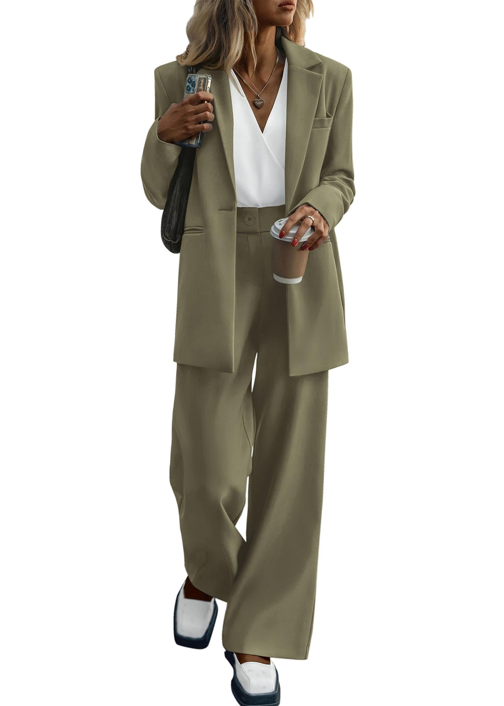 KIRUNDO Women Suits 2 Piece Set Business Casual Dressy Oversized Blazer Jacket and Wide Leg Dress Pantsuits Formal Outfits