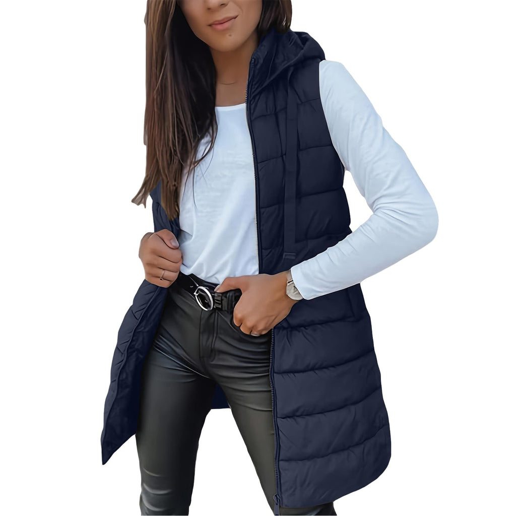 Long Puffer Vest Women Sleeveless Full Zip Up Puffy Jackets Quilted Padded Fall Coats Winter Outerwear