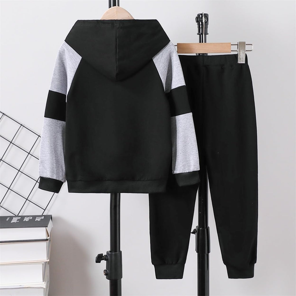 5-11Y Boys Clothes Long Sleeve Hooded Pullover Colorblock Sweatshirt + Pants 2pcs Fall Winter Outfit Set