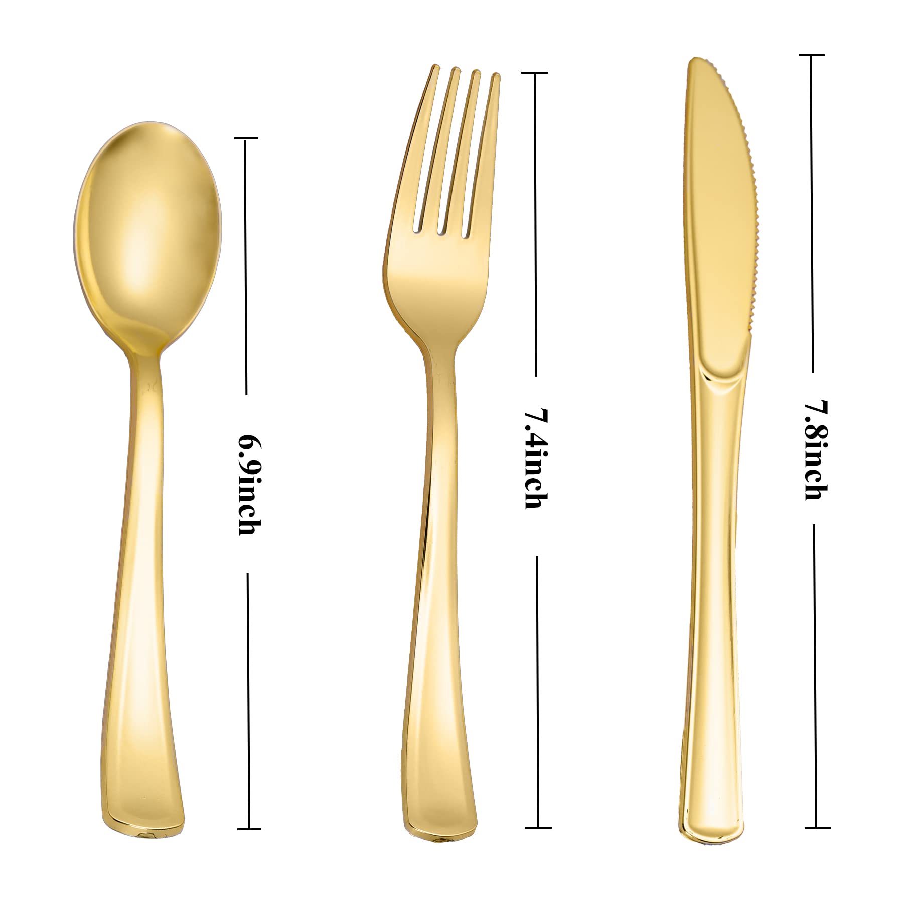 N9R 300PCS Gold Plastic Silverware, Heavy Duty Gold Plastic Cutlery Set Disposable Flatware Dinnerware, 100 Forks, 100 Spoons, 100 Knives, Perfect for Party, Wedding and Daily Use