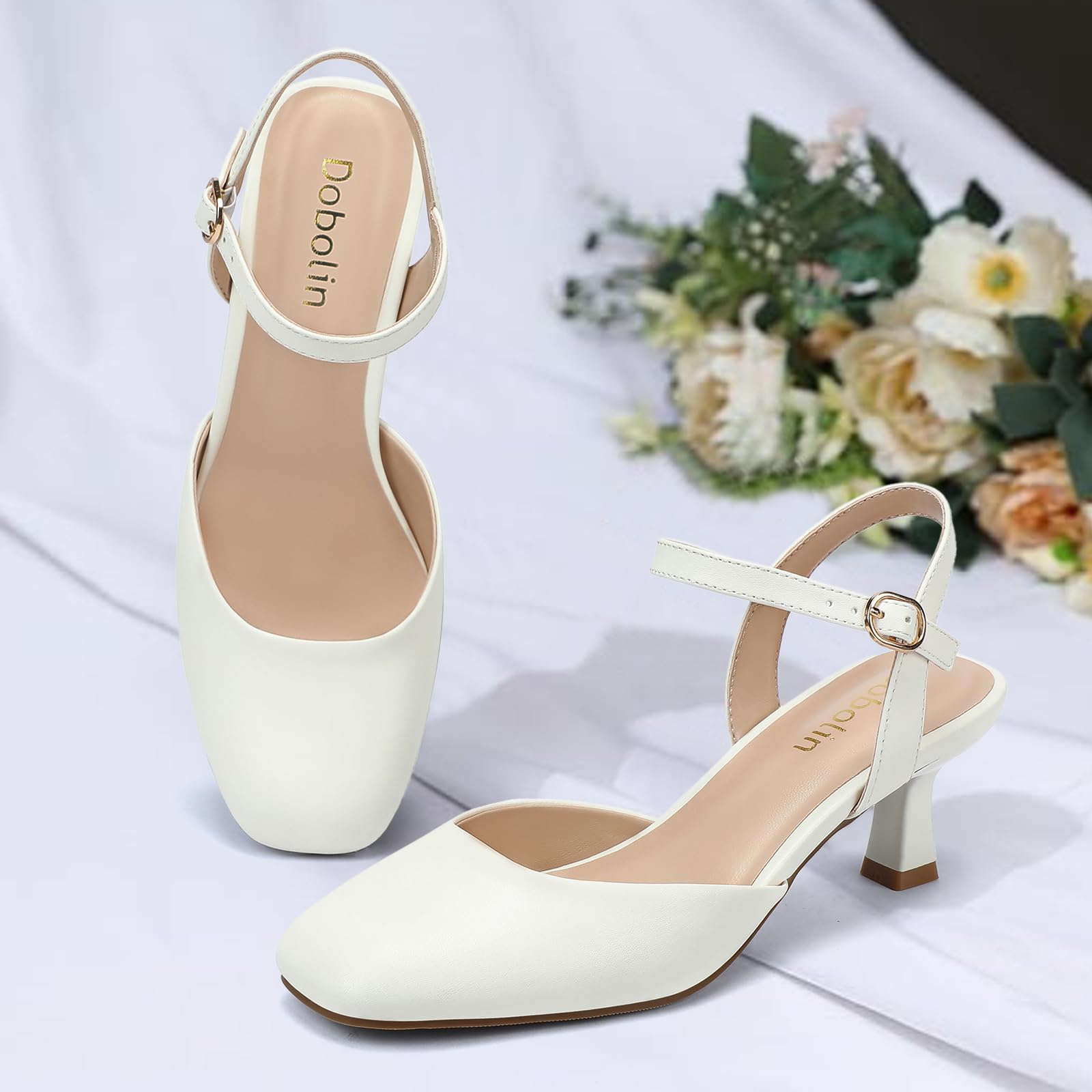 2.2 Inch Kitten Heels for Women Closed Toe Dress Shoes for Women Comfortable Dressy Low Stiletto Heel with Ankle Strap Womens Pumps