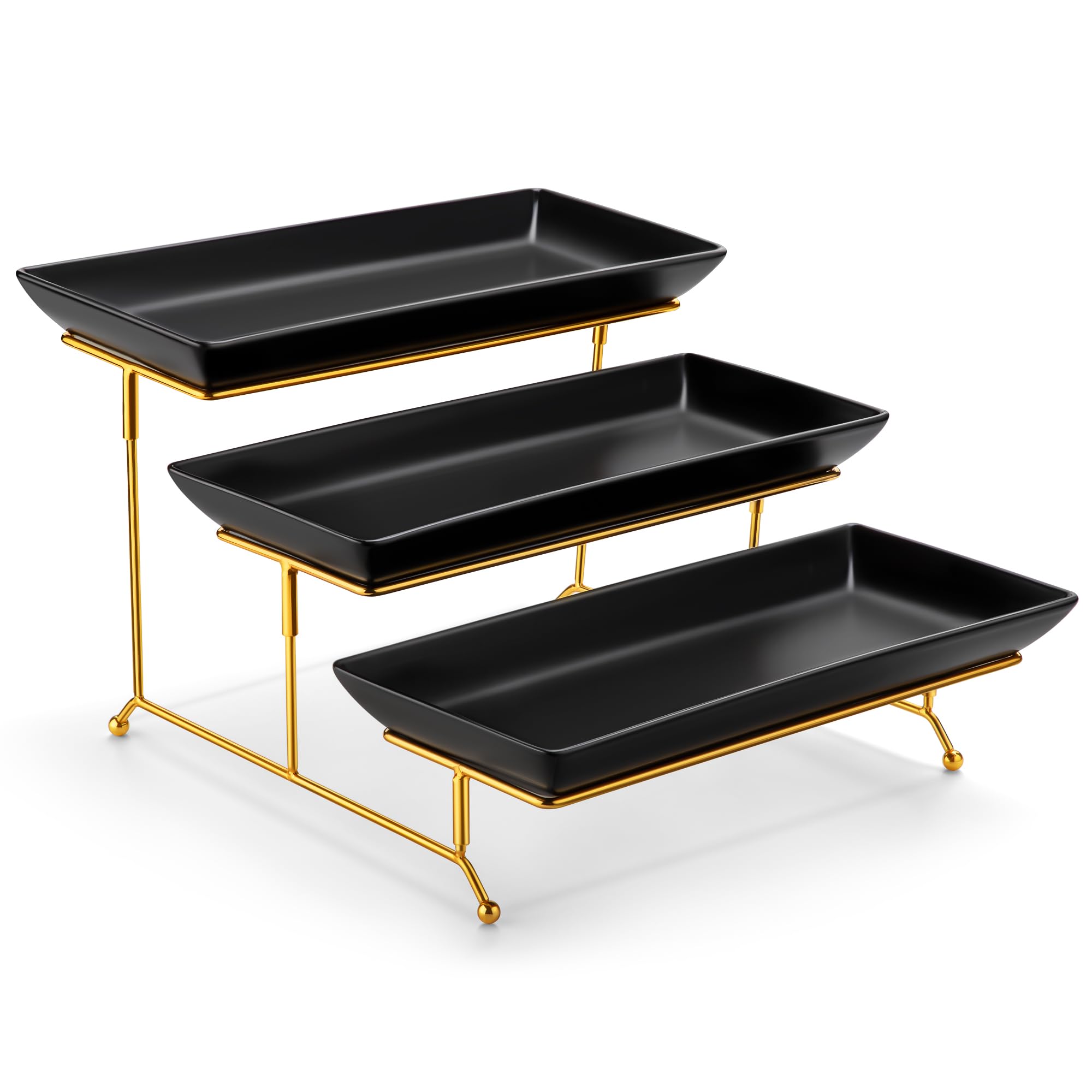 MALACASA 3 Tier Serving Trays for Party, Porcelain Serving Platters and Trays, 12 Inch Tiered Tray Stand, Fruit Tray, Trays for Serving Food, White Dessert Stand with Collapsible Sturdier Metal Rack