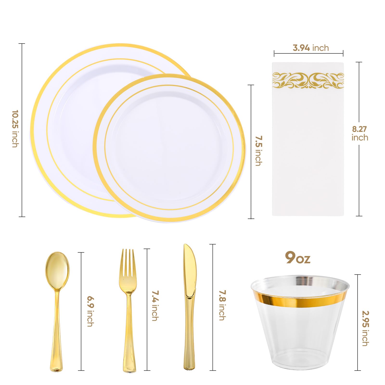 350-Piece Gold Rim Plastic Dinnerware Set for 50 Guests, Elegant Disposable Dinnerware for Party, Wedding. Includes Dinner Plates, Dessert Plates, Gold Silverware, Napkins, Cups