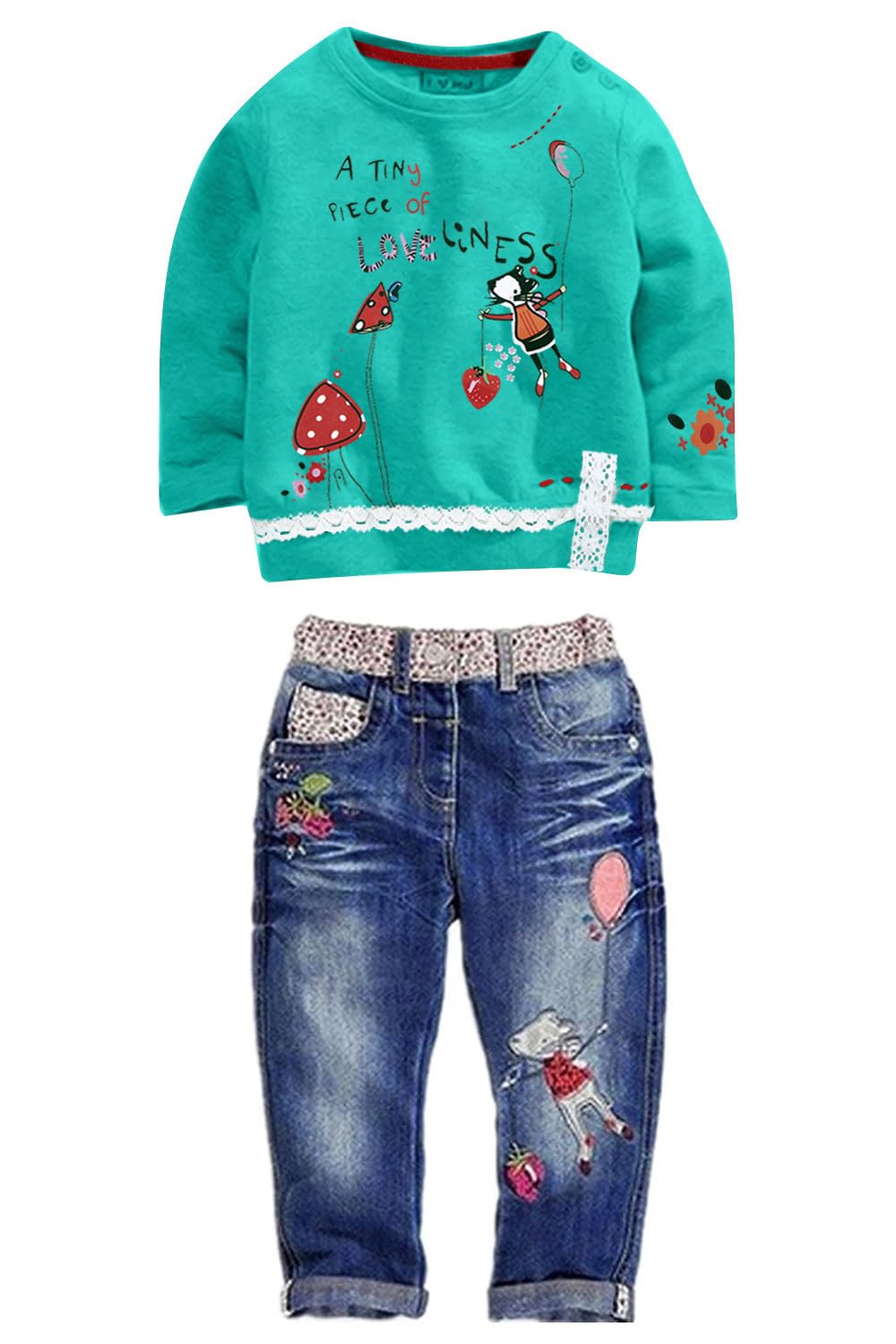 LUKYCILD Toddler Girl Clothes Baby Girl Long Sleeve Top + Jeans Pants with Pockets 2 Piece Outfit Cartoon Clothing Set